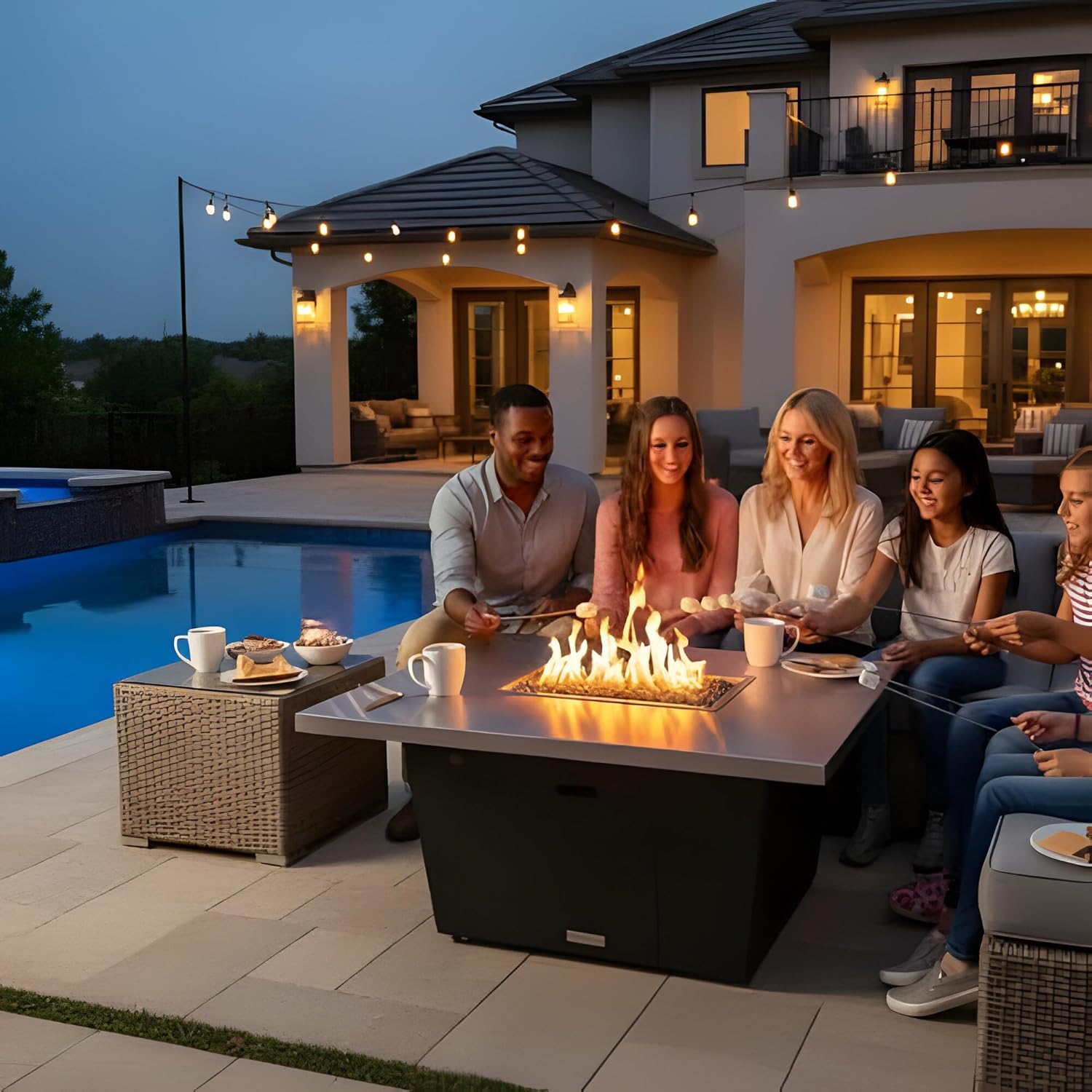 COOKE Palisades Rectangular Fire Pit Table - 44x36 - Chat Height - Natural Gas - Brushed Aluminum Top with 3cm Edge - Bronze Powdercoat Base
