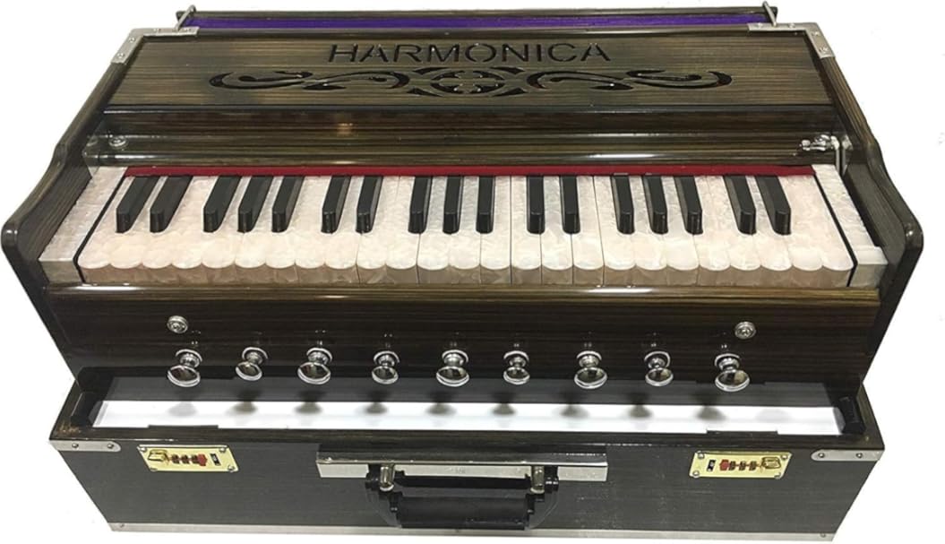 Indian Music Instrument 9 Stoppers Portable Harmonium with Chudidaar Bellow 42 Button 2 Reed Bass Male Reverse Backward Coupler Made Wood