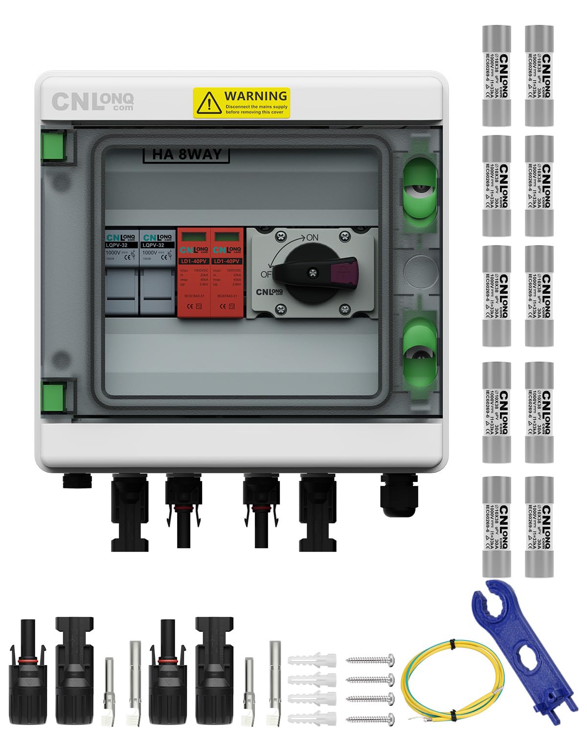 IP65 Solar PV Combiner Box DC1000V 32A Circuit Breaker with 10pcs Fuse Link 30A & Surge Protector and 15A PV Fuses, 1in 1out Disconnect Switch Outdoor Waterproof for Solar Panels System
