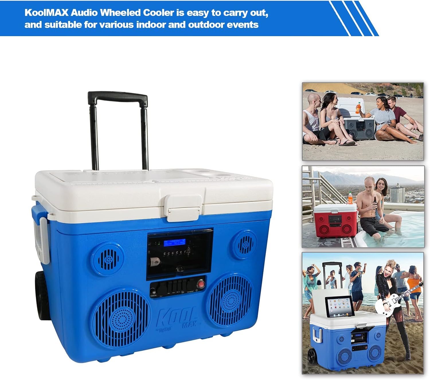 KoolMAX Cooler with Bluetooth Speaker System, 350W Boombox, 40 Qt Cooler, Rechargeable, USB 12V Car Cigarette Lighter Power Station, Guitar Amplifier, Radio, PA Machine, Karaoke, Blue