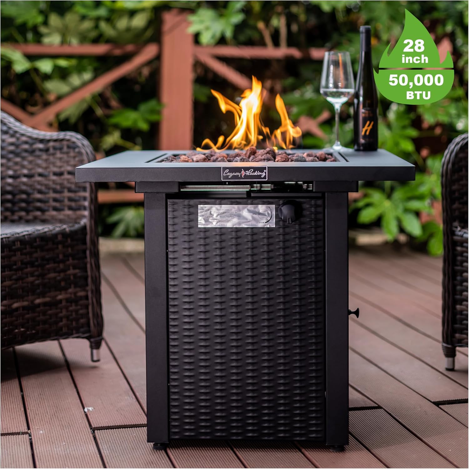 28 Inch Outdoor Square Propane Fire Pit Table, Wicker-Look Gas Fire Pit with 50,000 BTU Heat Output, Rust-Resistant Steel, Outdoor Dining and Heating Table with Lava Rocks and Lid