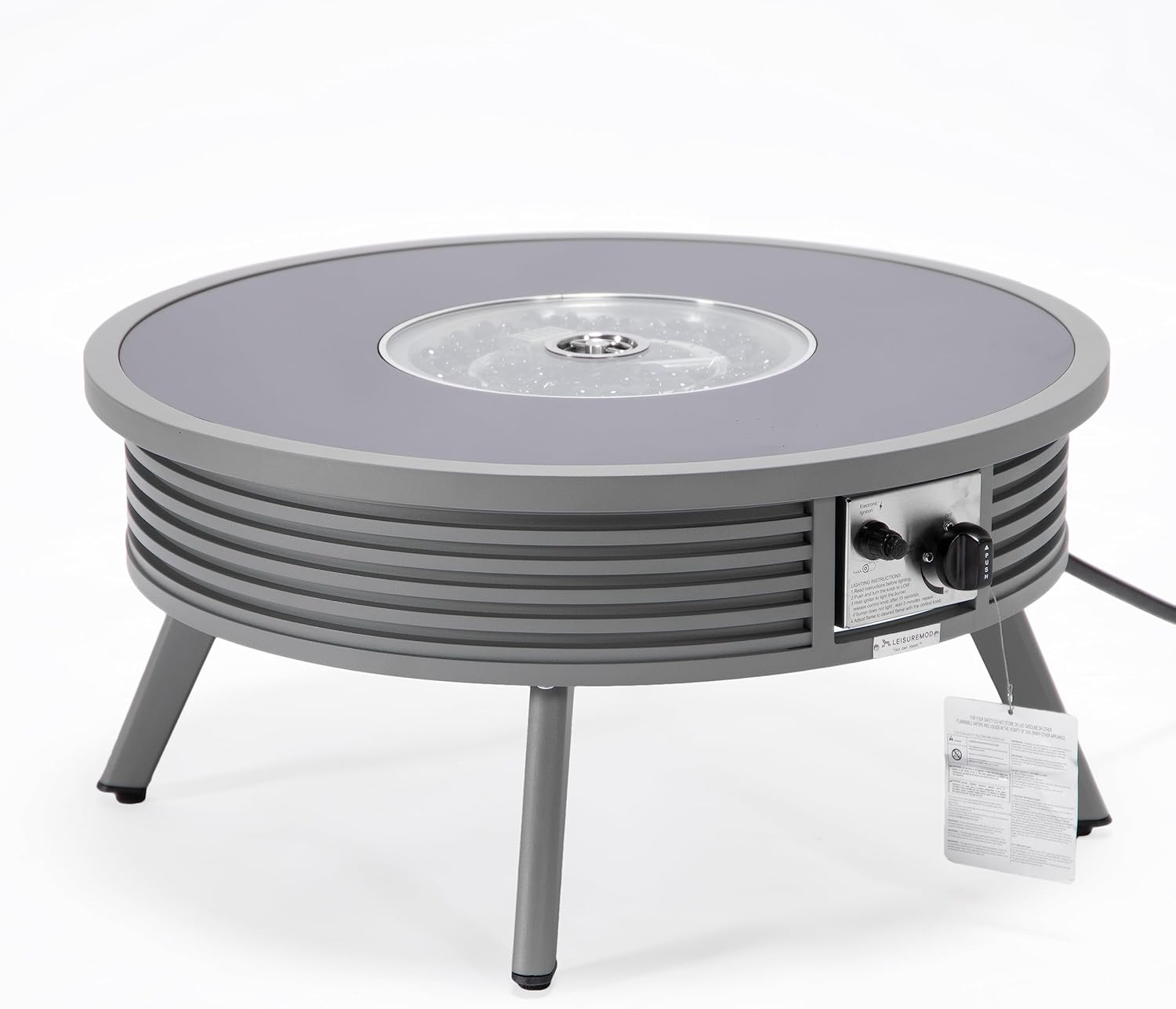 LeisureMod Walbrooke Modern Outdoor Round Fire Pit Table with Powder-Coated Aluminum Frame and Slats Design for Patio and Backyard Garden, Grey