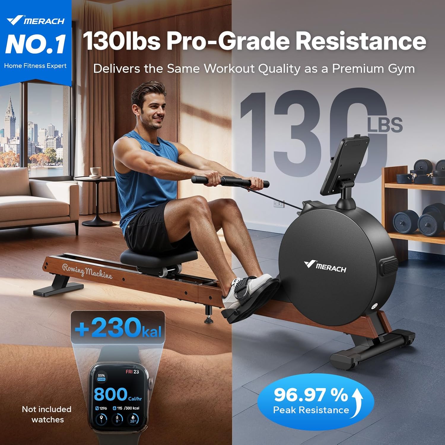 MERACH Pro-Grade Rowing Machines for Home, Smart Magnetic Rowing Machine with Self-Generation, Double Resistance and 400 LBS MAX Load, Wooden Tracks for Silent Sliding, MERACH App 1000+ Course & Games