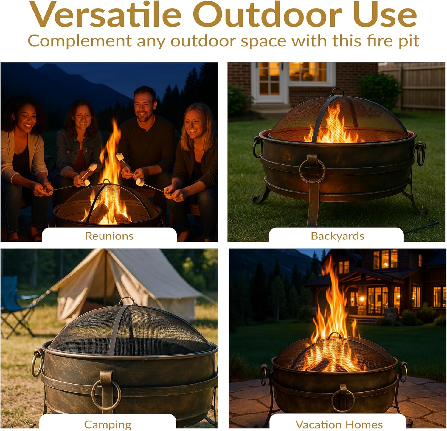 Sunnydaze 34-Inch Large Fire Pit for Outside - Wood-Burning Fire Pit Bowl for Outdoors with Spark Screen, Log Poker, and Grate