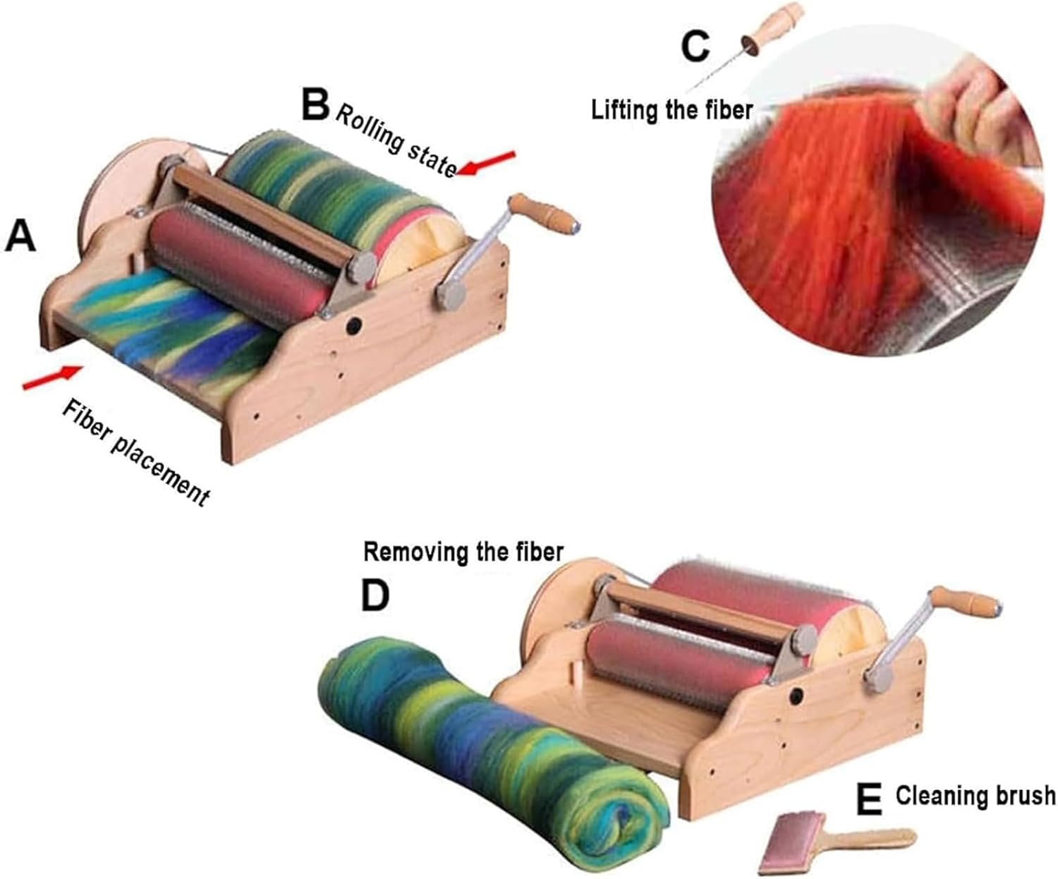 Hand-Cranked Wool Carding Machine, DIY Manual Wool Felt Machine with Cleaning Brush and Awl, Adjustable Roller Gap & Tooth Pitch, Drum Diameter 315mm for Wool Fiber, Mix Colors