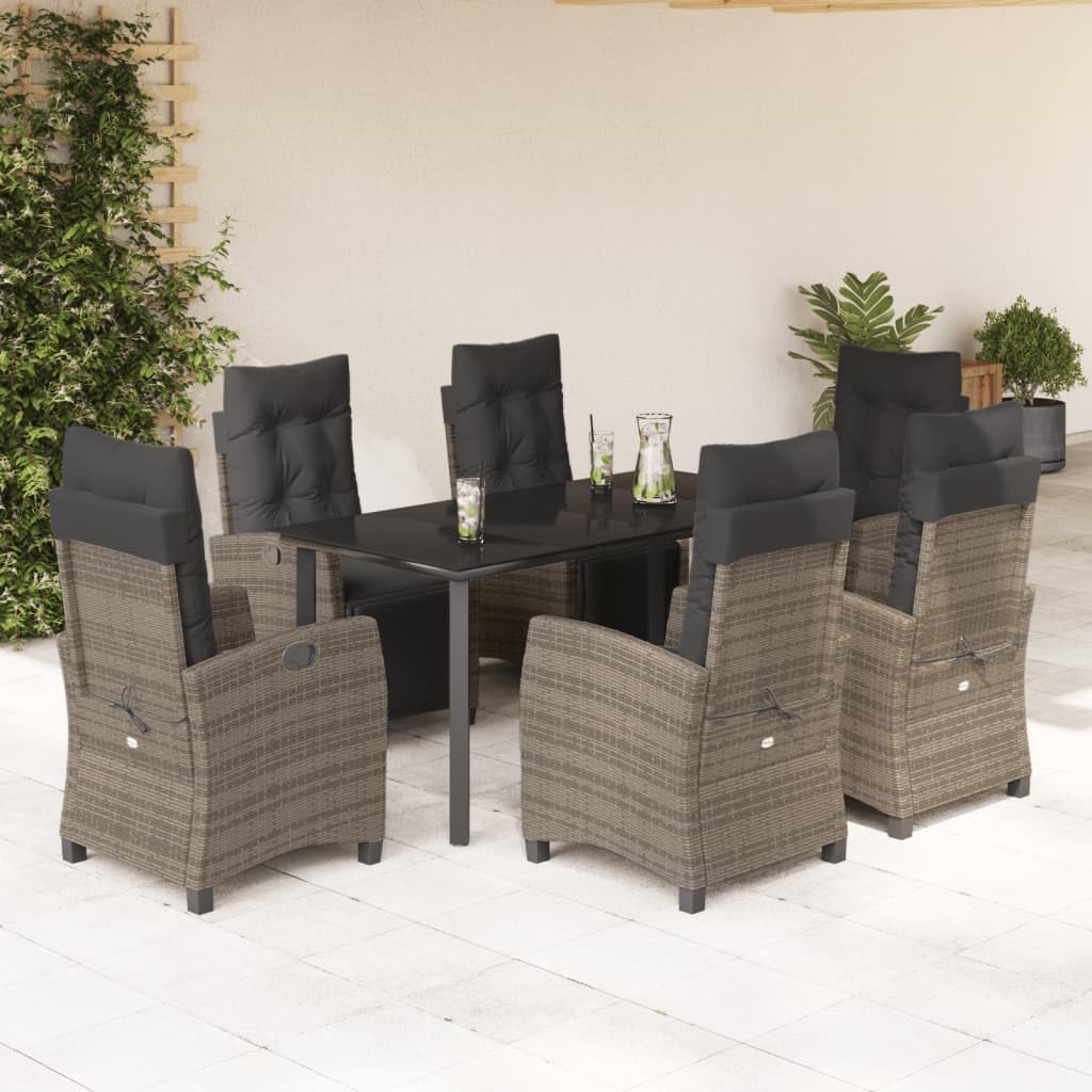 7 Piece Patio Dining Set with Cushions Gray Poly Rattan,AllWeather Outdoor Garden Dining Set with Adjustable Reclining Chairs for Patio, Backyard, and Garden Patio Furniture Sets, Outdoor Furniture Se