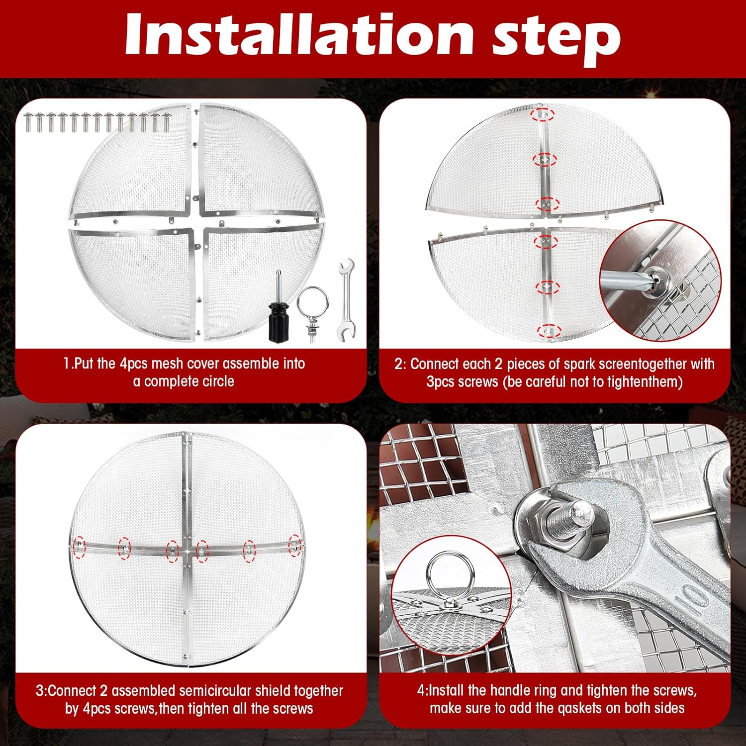 Fire Pit Spark Screen,40 Inch Fire Pit Screen Cover Stainless Steel Outdoor with Handle&Poker,Firepit Screens Cover Round Mesh Lid Heavy-Duty Steel Replacement for Backyard/Beach/RV Camping