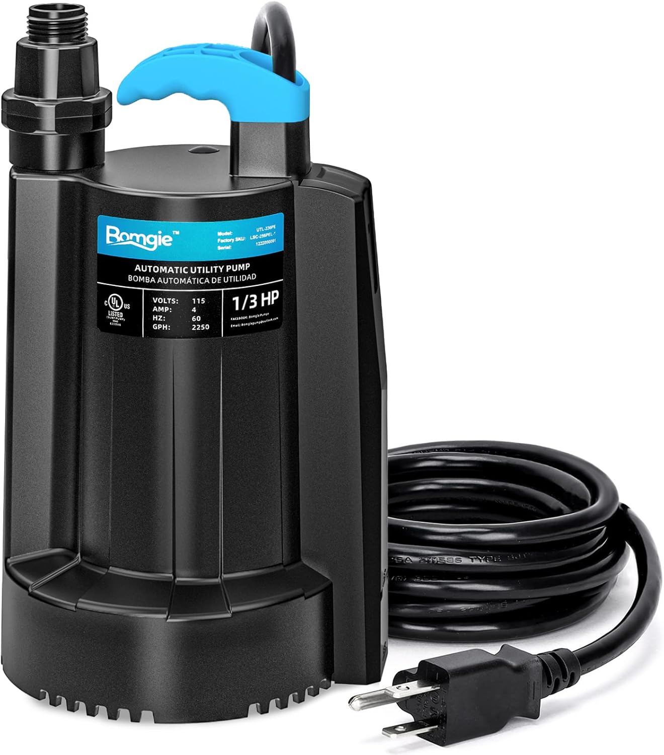 1/3 HP Automatic Water Pump, 2250GPH Submersible Utility Pump with 3/4” Garden Hose Check Valve Adapter Portable Electric Sump Pump Removal for Pool Draining Basement Hot Tubs Garden UTL-336PE