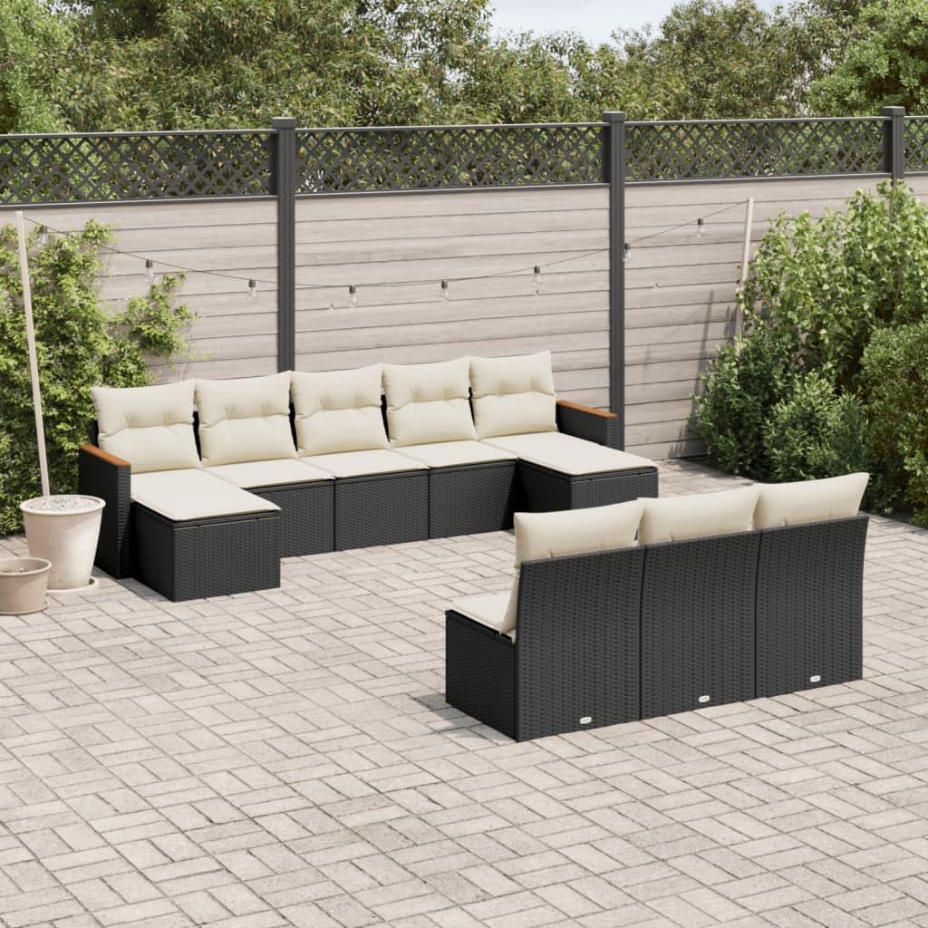 10 Piece Outdoor Garden Sofa Set Black, Modern Modular Patio Furniture with Poly Rattan and Acacia Wood, Water-Resistant Durable Lounge Set with Padded Cushions and Built-in