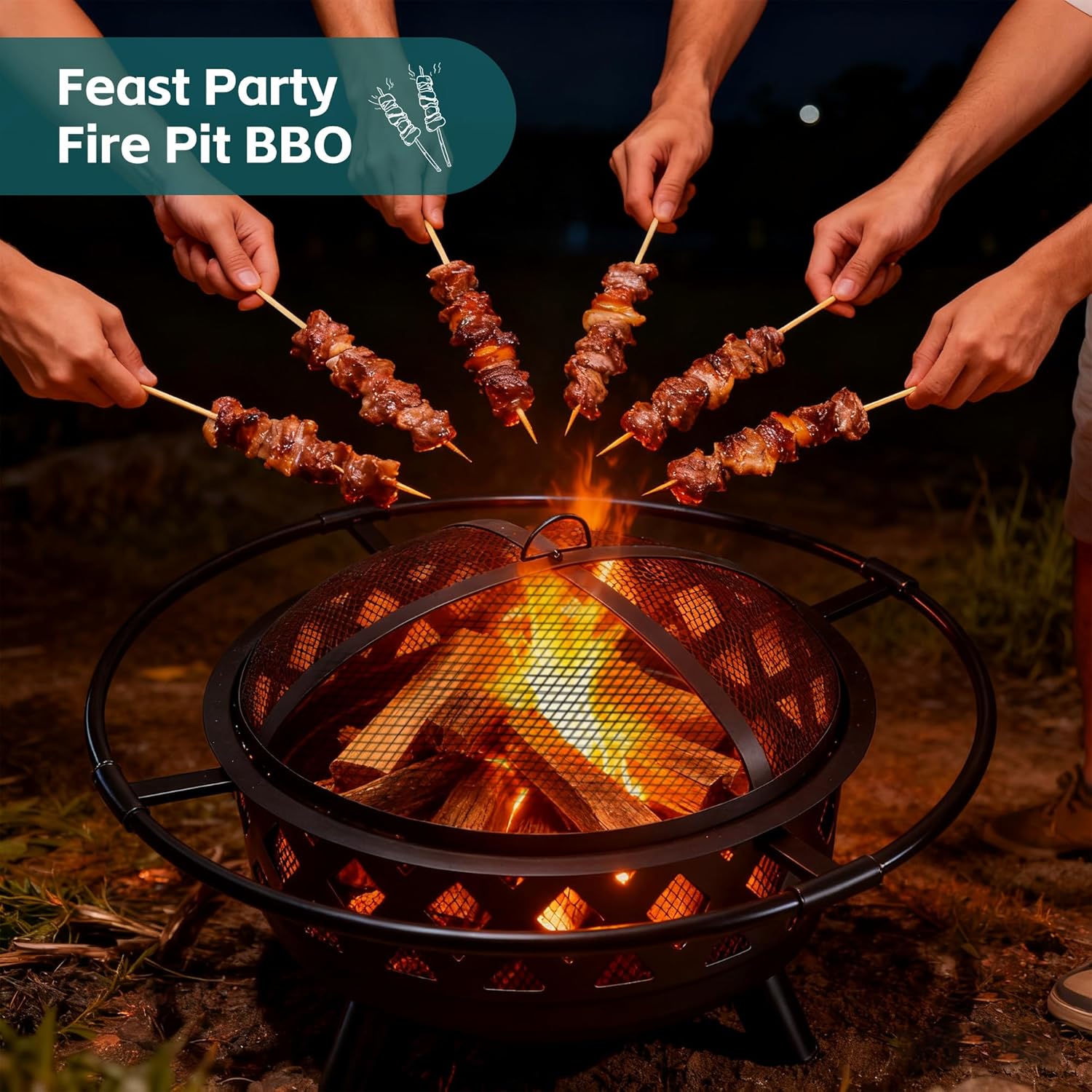 Smug 30 Inch Round Fire Pit, Wood Burning Fire Pits for Outside with Spark Cover Fire Poker, Outdoor Firepit for Patio, Backyard, Garden, Bonfire Party