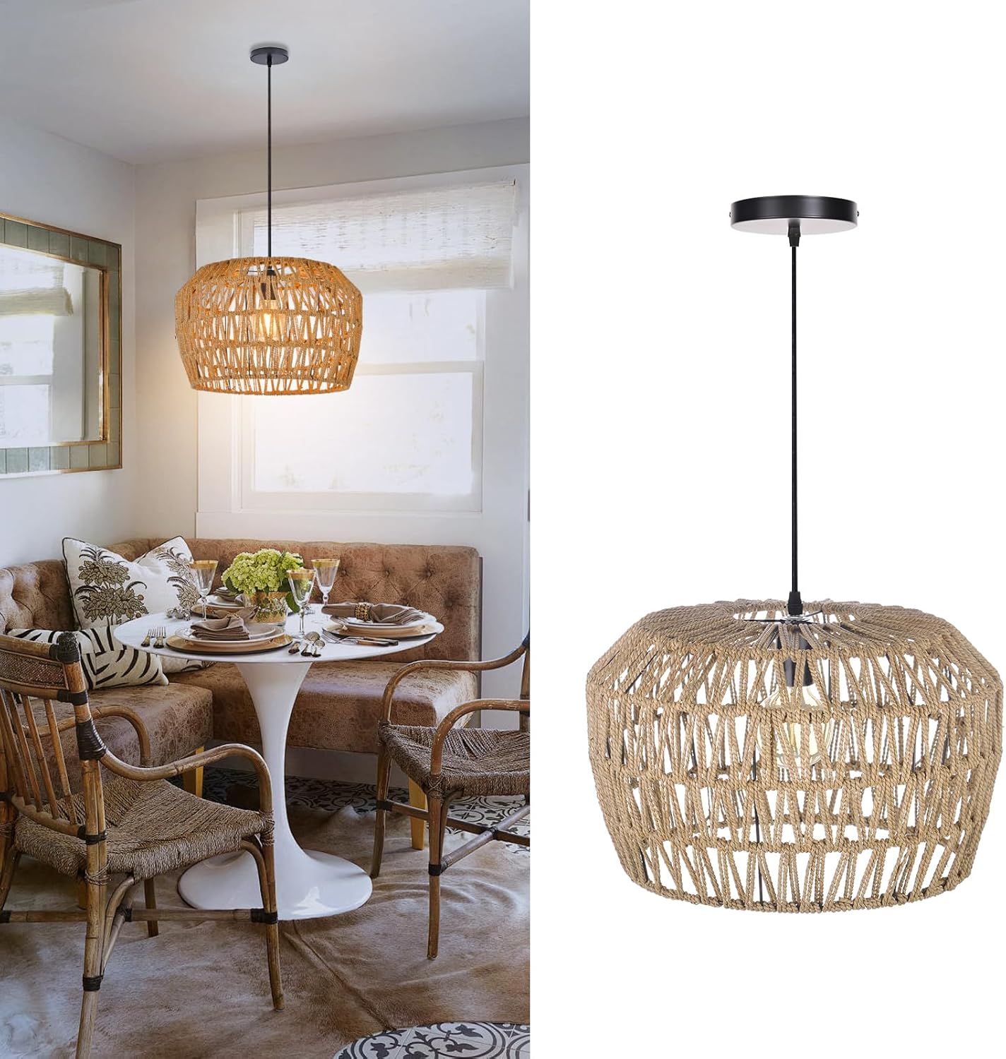 Arturesthome Rattan Farmhouse Chandeliers Wicker Pendant Light Fixture,Natural Hand Woven Pendant Lamp for Kitchen Island Bedroom Entryway 15.7