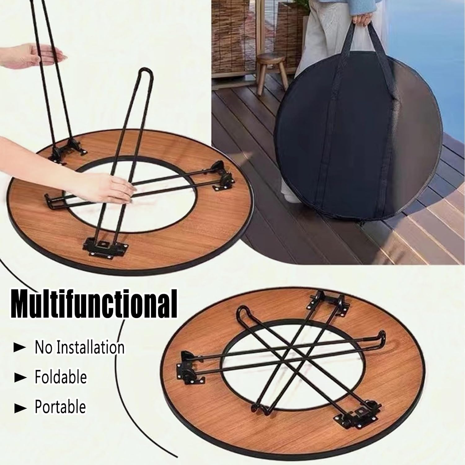 Small Outdoor Fire Pit Folding Table, Portable Fire Pit Wood Burning with Round Wood Tabletop, Lightweight Firepits for Outside Bonfire and Picnic