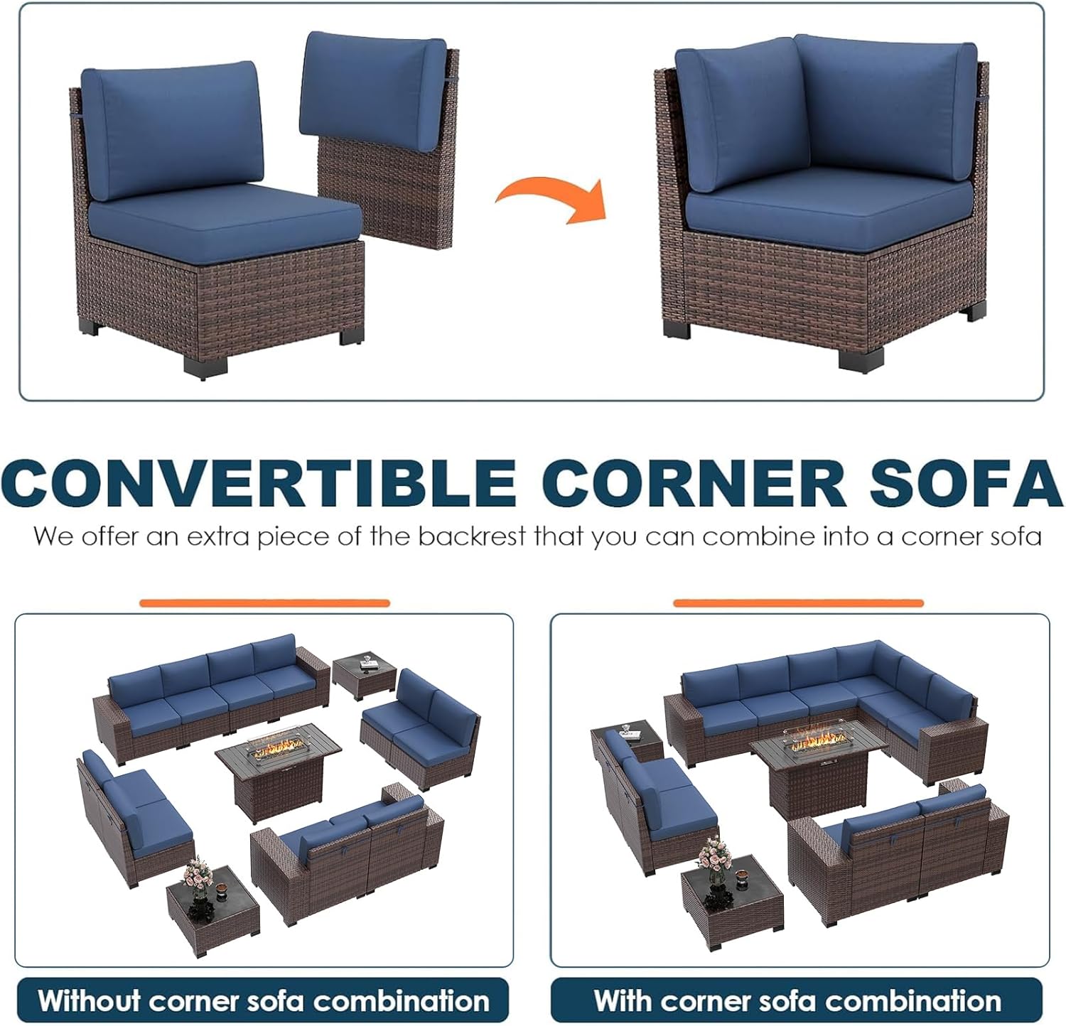 13 Piece Patio Furniture Set with Fire Pit Table, Wide Armrest Outdoor Sectional Sofa Grey Wicker Rattan Conversation Sets, 4'' Thickened Cushion Dark Grey (Include Waterproof Cover)