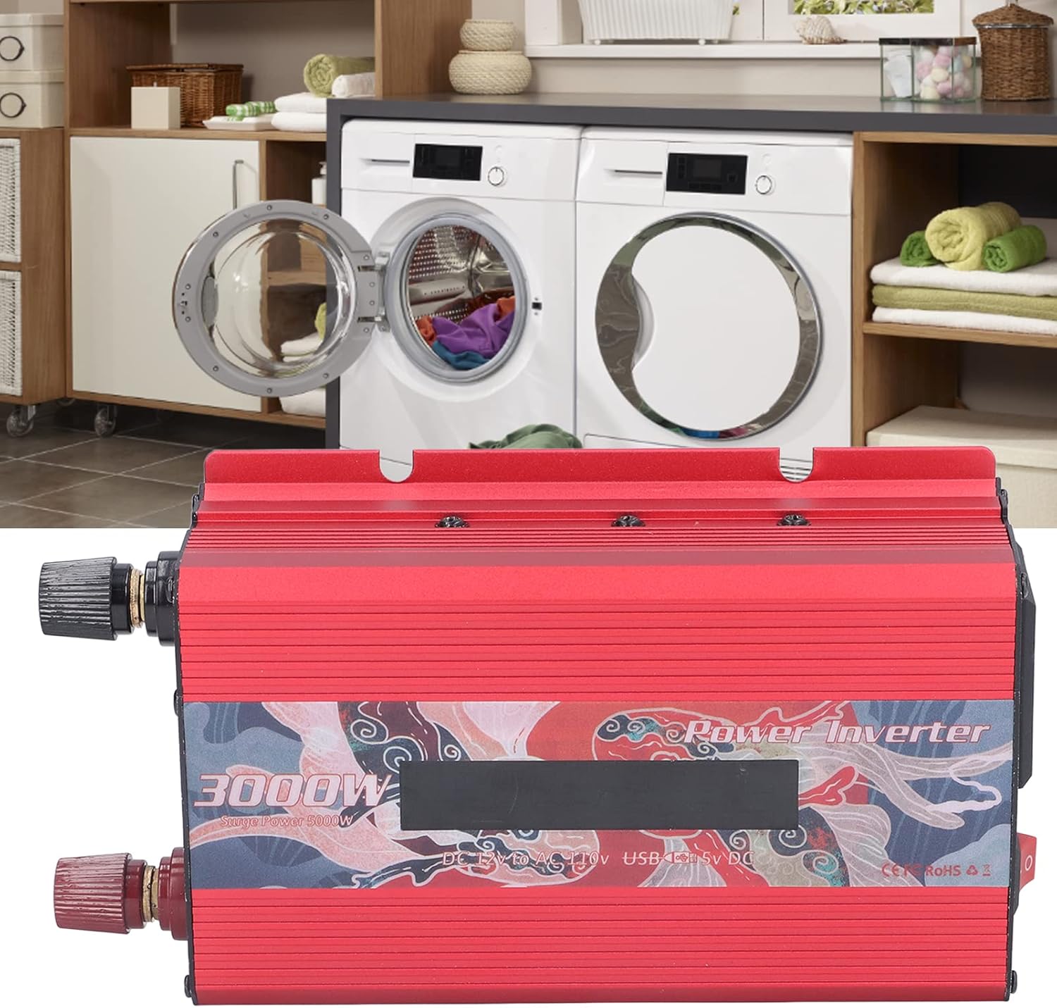 Smart Power Inverters, 3000w, DC 12V to AC 110V Smart Power Convertor, Pure Sine Inverter for Refrigerator, Solar & Wind Power(Red)