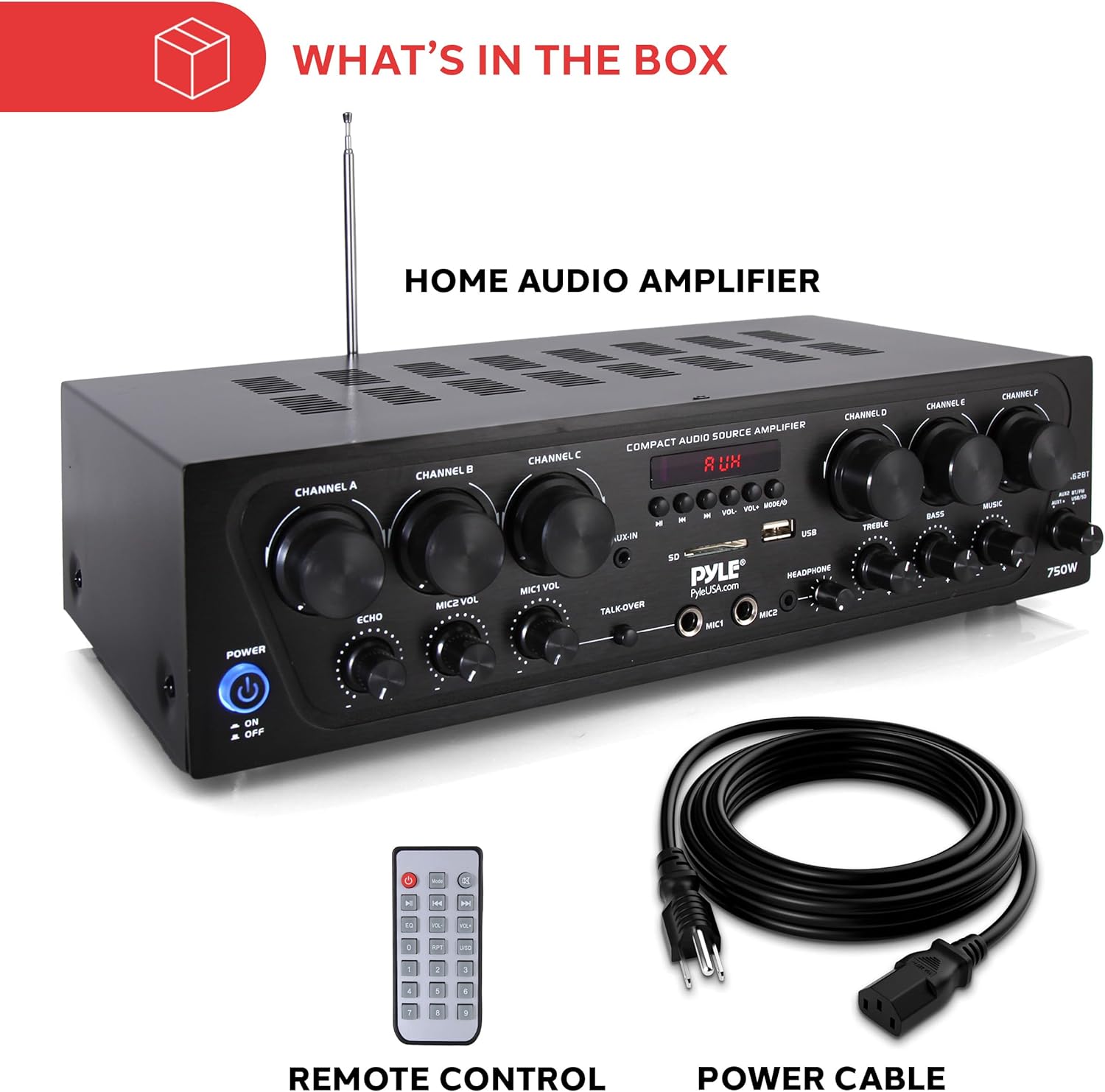 Pyle Wireless Bluetooth Home Audio Amplifier System-Upgraded 6 Channel 750 Watt Sound Power Stereo Receiver w/USB, Micro SD, Headphone,2 Microphone Input w/Echo, Talkover for PA - PTA62BT.5