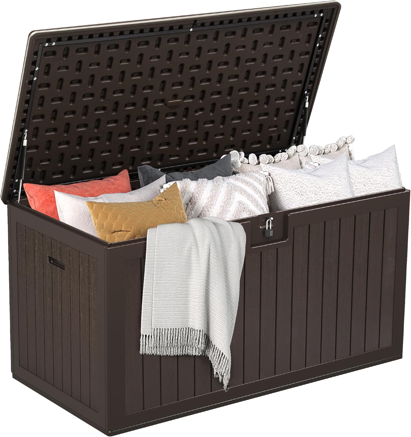 DWVO 150 Gallon Resin Outdoor Storage Box, XXL Double-Wall Waterproof Deck Box, Doubles as Table or Seating with 1000 lbs Capacity, Lockable (Brown)