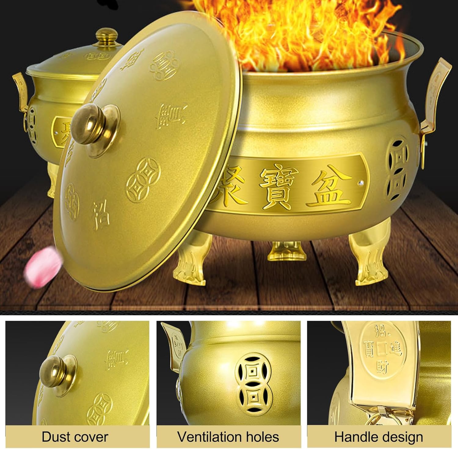 Outdoor Incinerator, Burn Cage with Lid, Double Handle Metal Fire Pit for Burning Paper Leaves Garbage Paper Money(Gold,43cm/17in)