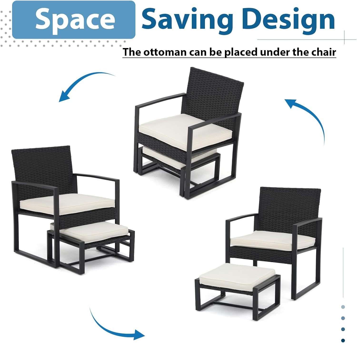 JOIVI 5 Pieces Patio Bistro Set, PE Wicker Outdoor Patio Furniture Set, Modern Rattan Patio Chairs with Table & Ottomans, Patio Conversation Sets for Balcony, Front Porch, Garden, White Cushion