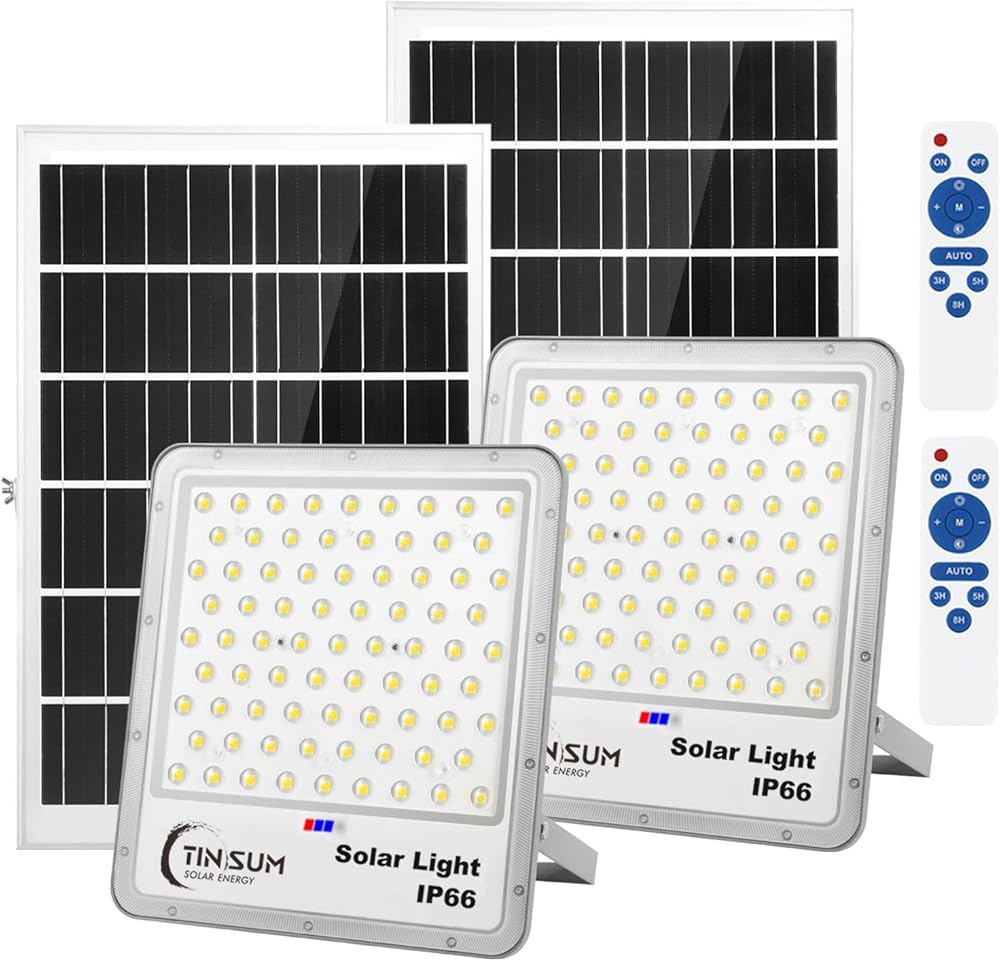 TINSUM Solar Flood Lights Outdoor, 2 Pack 600w Solar Street Light IP67 Waterproof 32000LM White LED Dusk to Dawn Security Commercial Lighting for Parking Lot,Stadium,Patio,Barn,Garage,Pathway