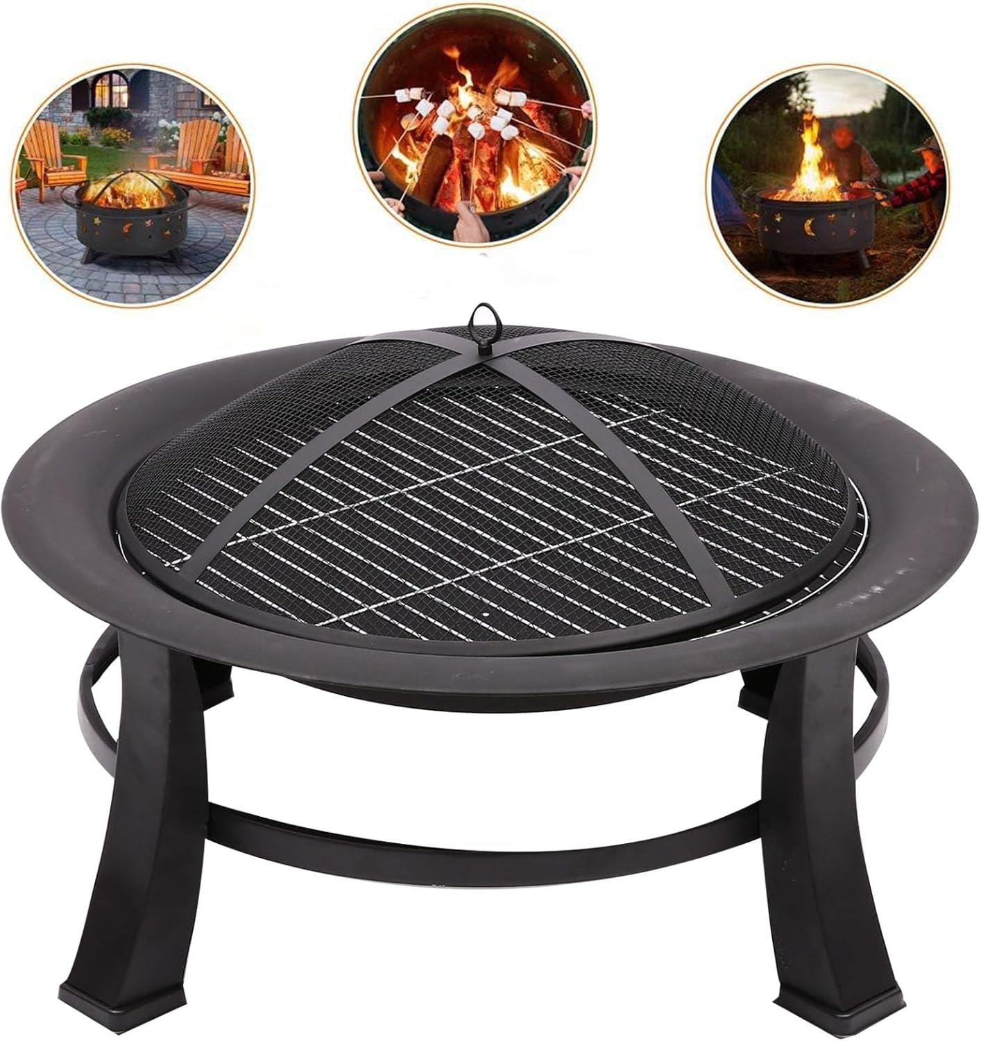 Outdoor Fire Pit Wood Burning Fire Pits for Outside with Lid & Fire Poker, with Cover Lid, Steel Round Table for Backyard Bonfire Patio Picnic
