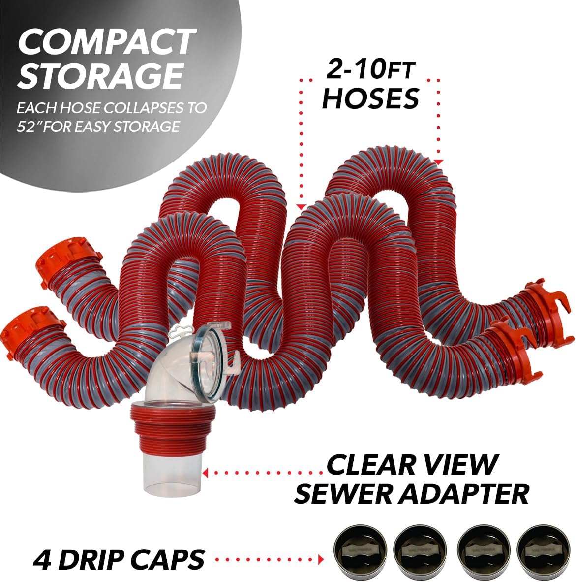 Valterra Viper 20-Foot RV Sewer Hose Kit, Universal Sewer Hose for RV Camper, Includes 2 Attachable 10-Foot Hoses with Rotating Fittings, 90 Degree ClearView Sewer Adapter and 4 Drip Caps