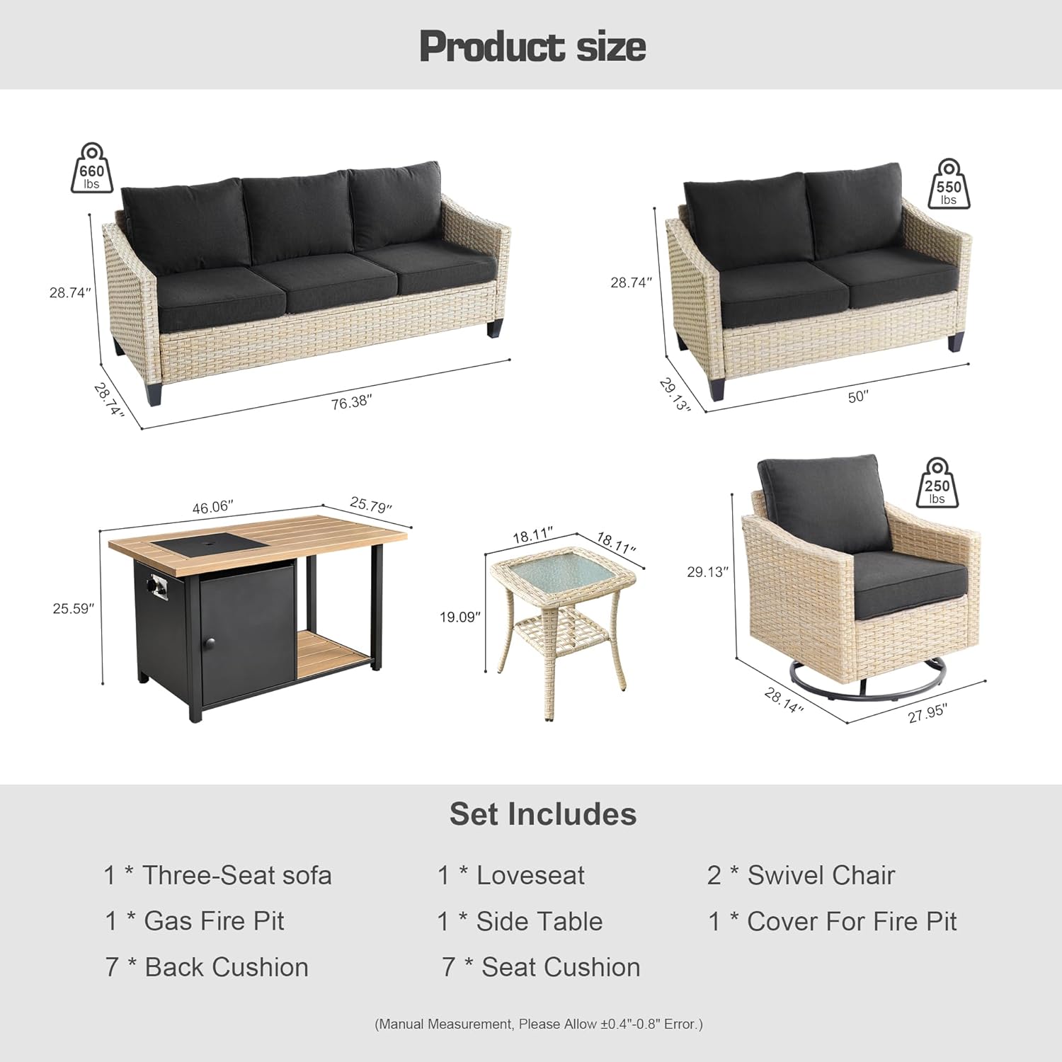 Patio Furniture,All Weather Wicker 6 PCS Outdoor Sofa with High Back Swivel Rocker Chairs,Conversation Set with 42 inch Fire Pit,Light Rattan Black Cushion