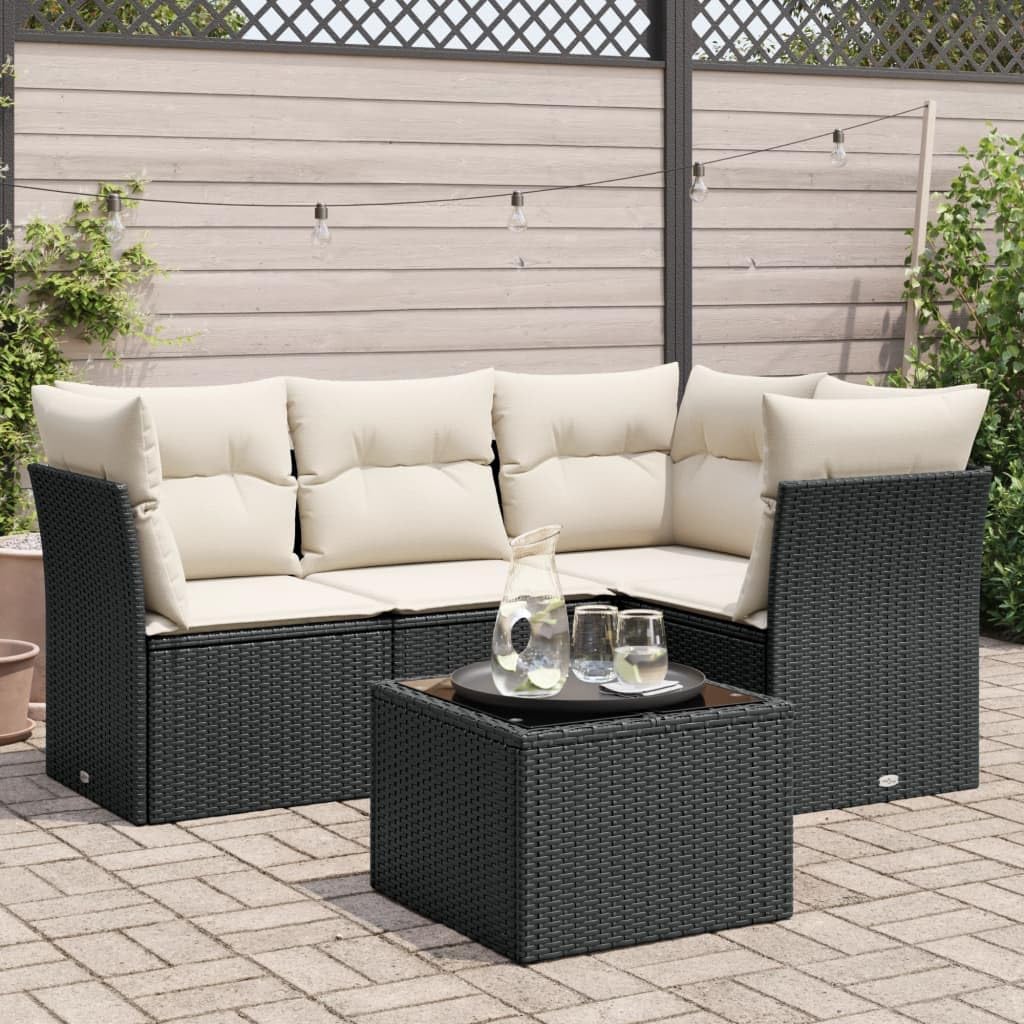 Large Modular Garden Sofa Set, Black PE Rattan Outdoor Patio Furniture, 5-Piece Weather-Resistant Balcony Seating with Storage, Glass Table Included