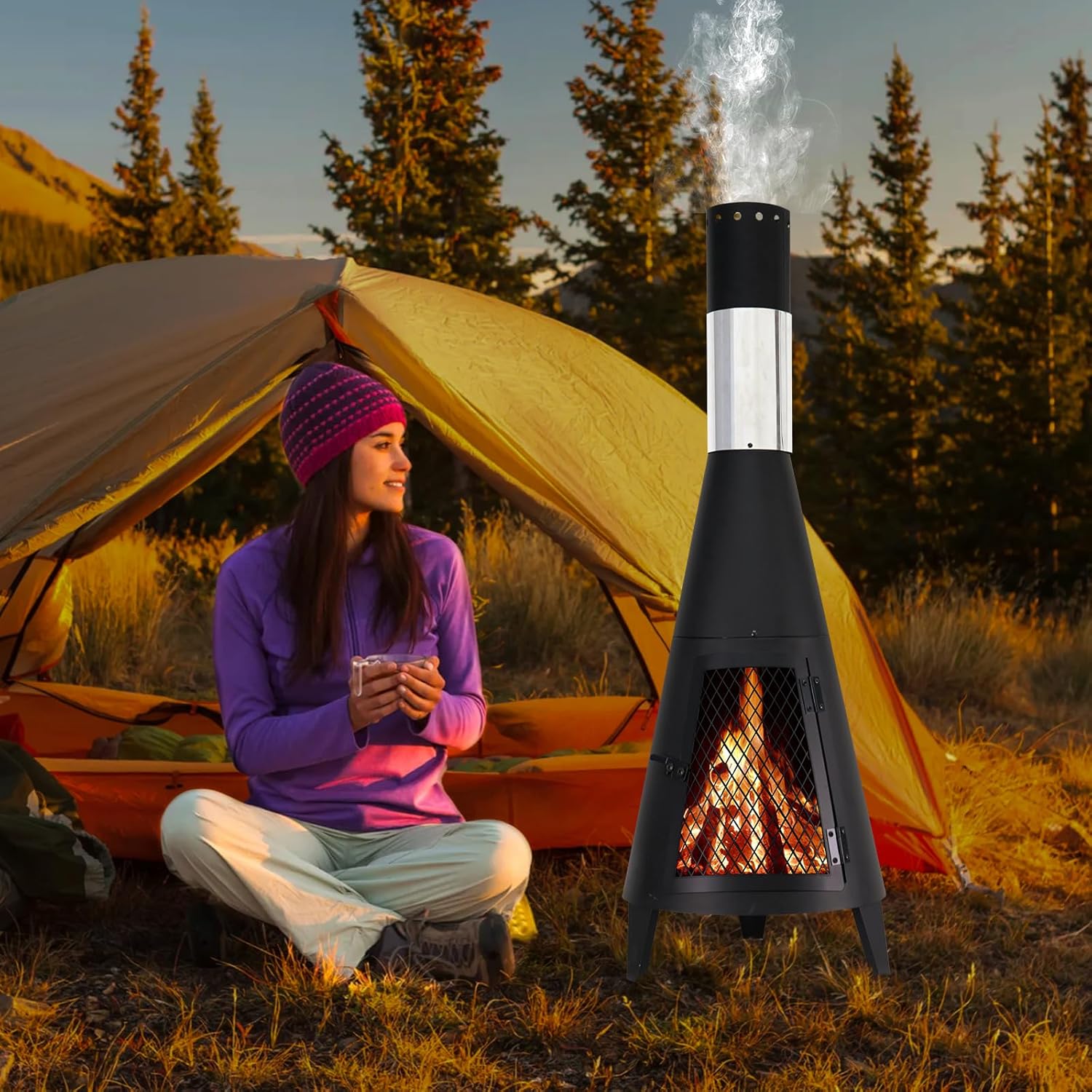 ptlsy 43inch Tall Chiminea Outdoor Fireplace Wood Burning for Backyard and Patio Wood Burning Rocket Fire Pit