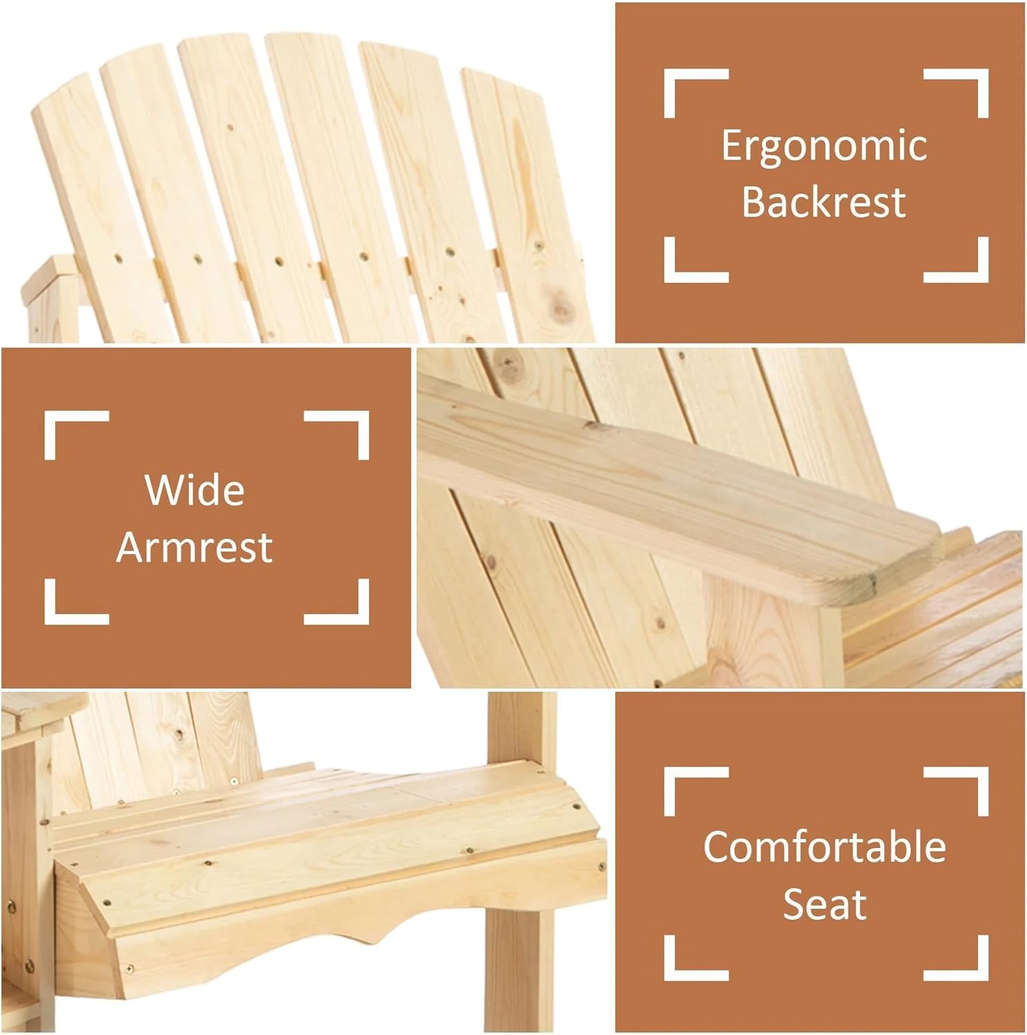 Wooden Adirondack Chair for Two, Outdoor Fire Pit Chair Set with Table & Umbrella Hole, Patio Outdoor Chairs for Deck Lawn Pool Backyard, Natural
