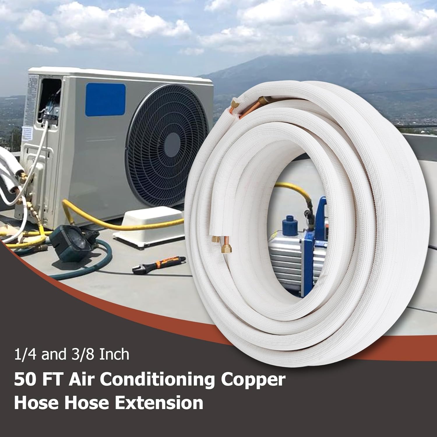 50 FT Air Conditioning Copper Hose Extension, 1/4 and 3/8 Inch Thickened Insulation Cotton with Nuts and Other Accessories Fit for Mini Split Air Conditioner