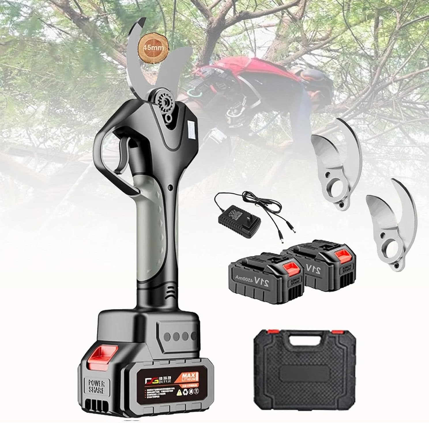 21V 1.5Ah Cordless Electric Pruning Shears, Cordless Pruning Shears, Battery Powered Electric Pruner, Pruning Shears Extension Pole, 2 Batteries and 1 Charger,WithoutExtensionPole