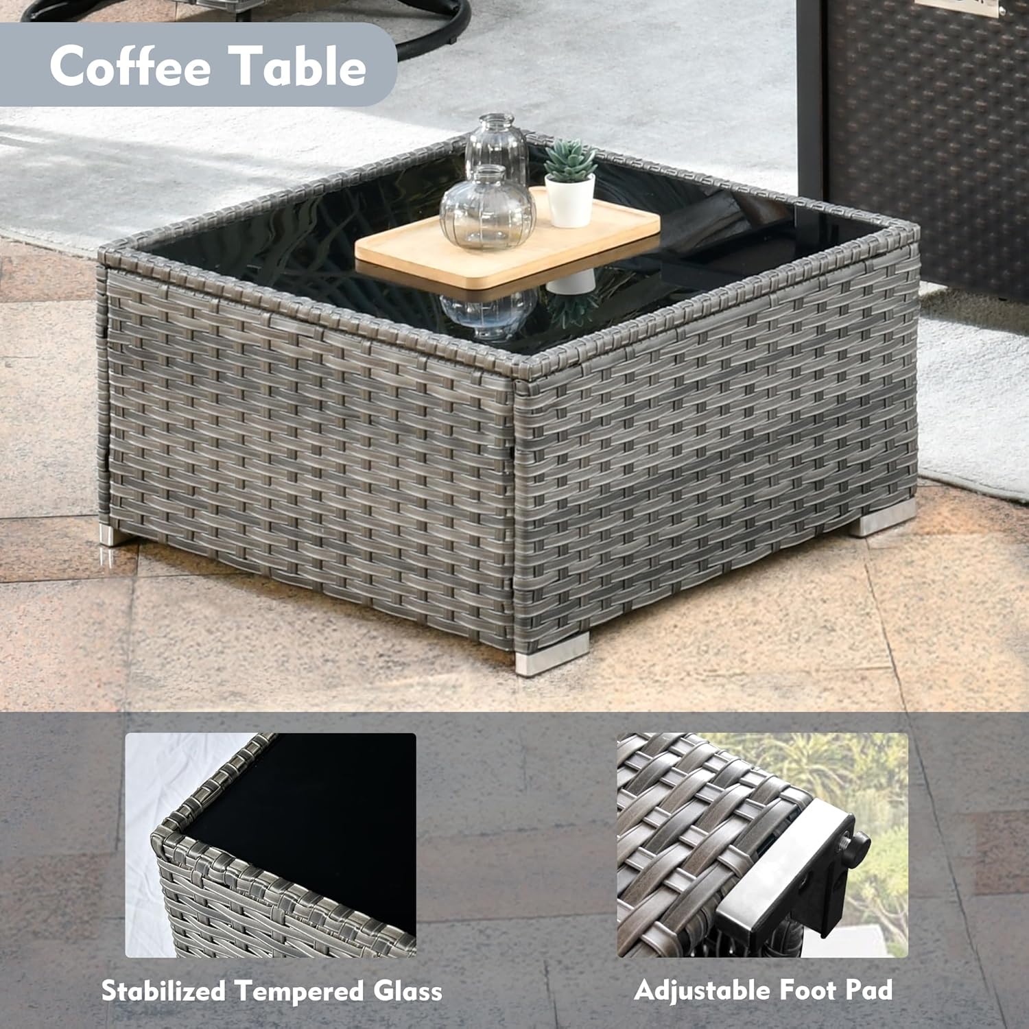 3 Pieces Patio Set Outdoor Wicker Furniture Sets Modern Rattan Chair Conversation Sets with Coffee Table for Yard and Bistro (Dark Grey)