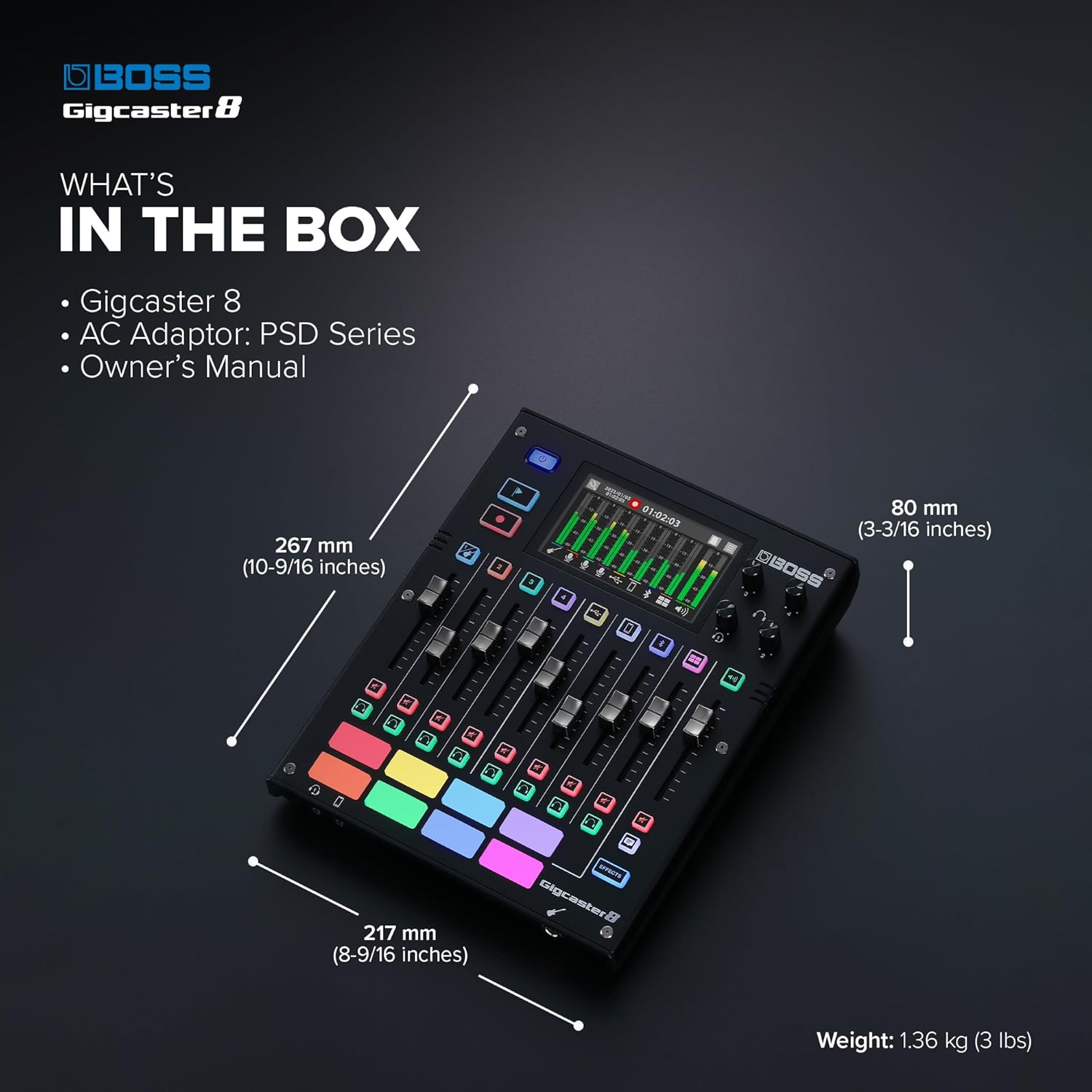 BOSS Gigcaster 8 | 8-Channel Audio Streaming Mixer with Direct Guitar/Bass Input | 4 XLR/TRS Combo Inputs | Built-In Stereo Mic | 8 SFX Pads | 20x14 USB Audio Interface | Onboard Recording