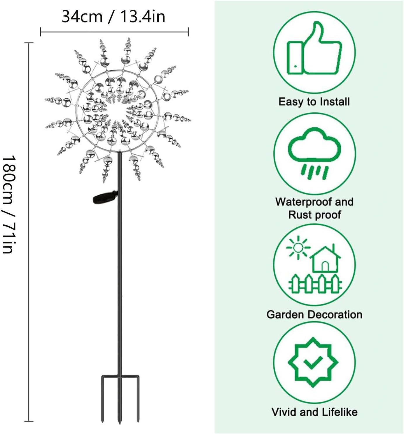 Solar Magical Metal Windmill, Garden Wind Mill 3D Wind Powered, 13.4 x 71in Solar Windmill Light,Gold