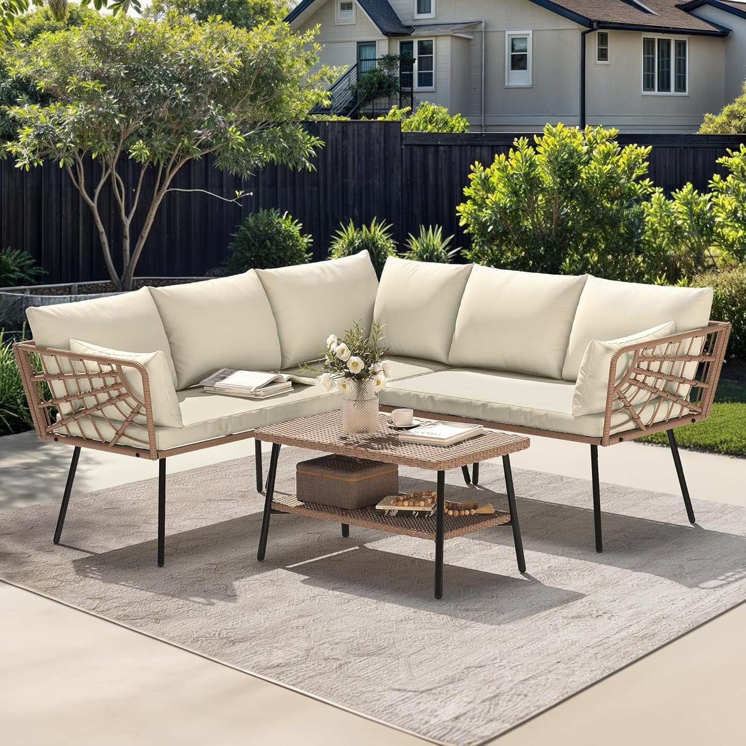 YITAHOME 4PCS Patio Furniture Set L Shape Outdoor Couch with 2-Tier Coffee Table and Thick Cushions Patio Conversation Set Rattan Sectional Sofa Boho Outdoor Furniture Set with 5 Seater for Backyard