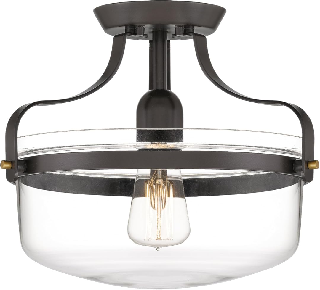 Quoizel Maddock Semi-Flush Mount Light Fixture, 10.5 inch 1-Light Matte Bronze Light with Clear Glass Shade for Hallway, Kitchen, Bedroom, Dining, Living Room, or Office