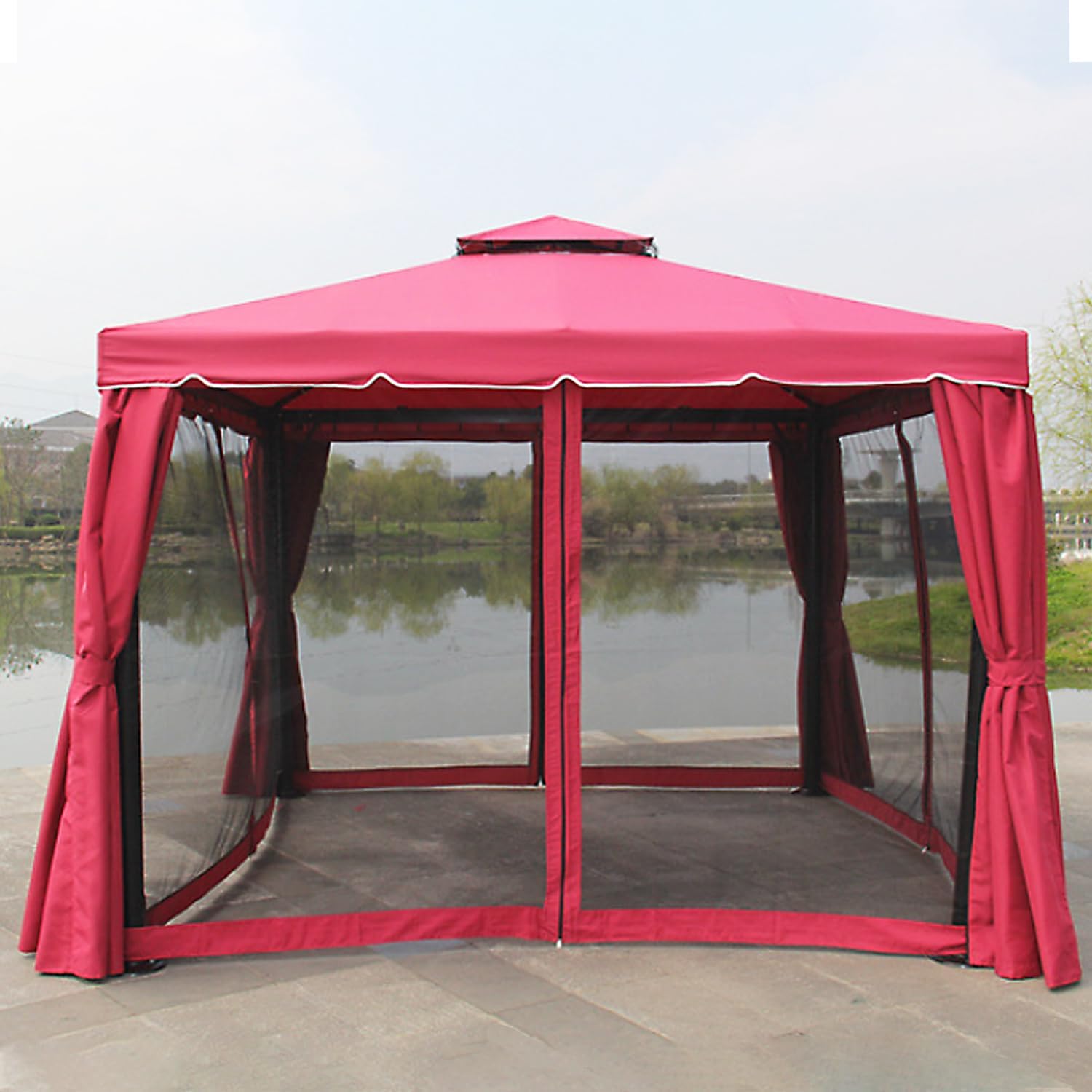 10 * 10ft Metal Outdoor Gazebo, Double Roof Patio Pergola, with Netting & Curtains, Heavy Duty Outside Pavilion Canopy Shelter, for Garden, Lawn, Deck, Backyard, Red