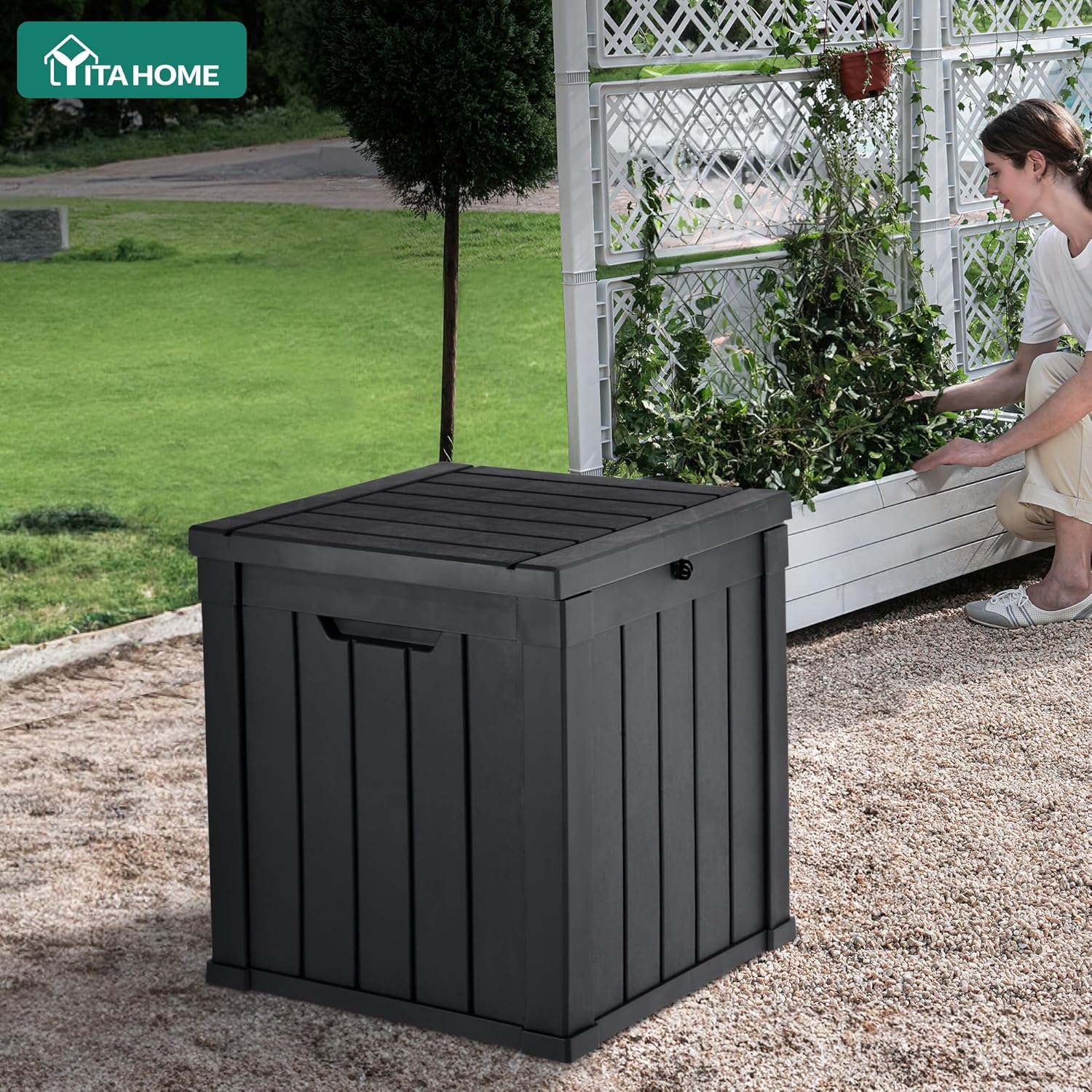 YITAHOME 51 Gallon Outdoor Storage Deck Box, Waterproof Resin Package Delivery and Storage Box with Lockable Lid for Patio Furniture Cushions, Pool Accessories, Garden Tools, Black