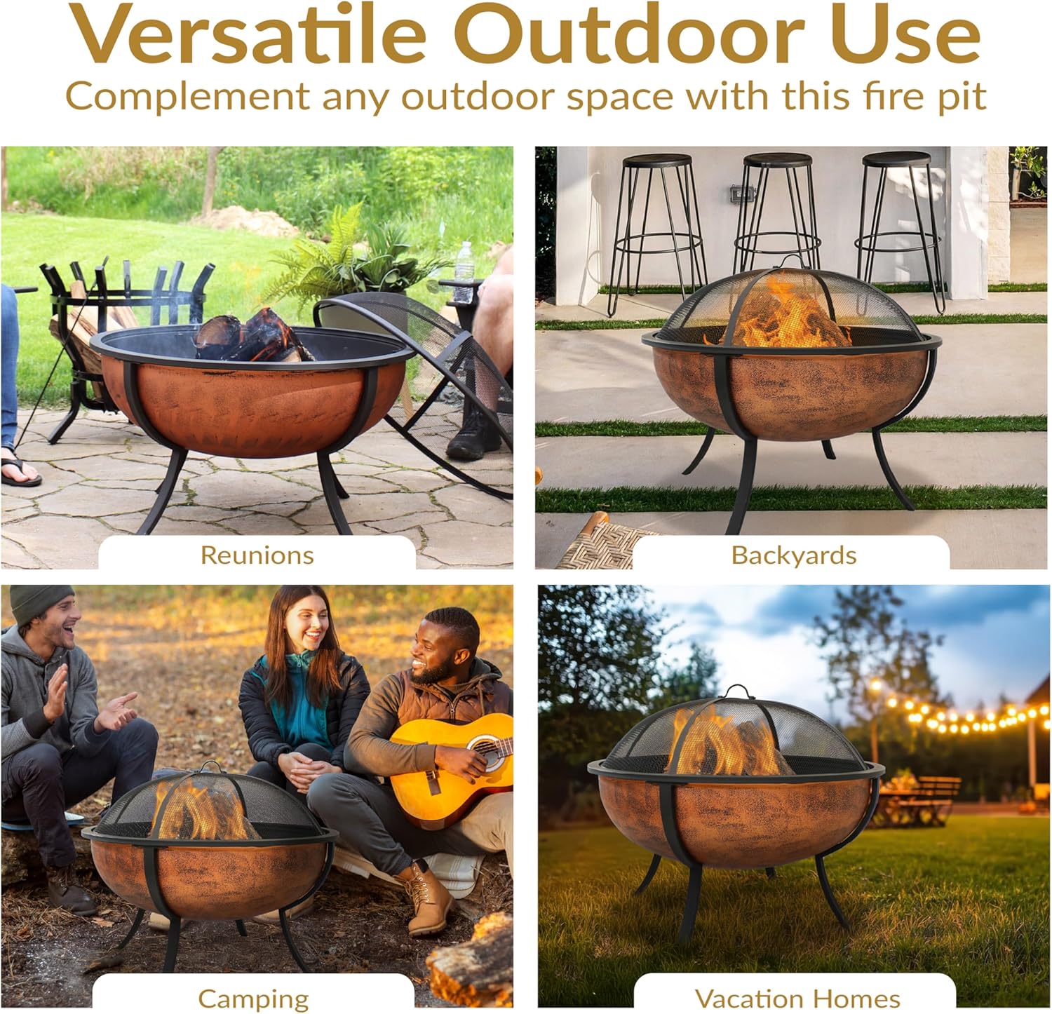 Sunnydaze 32-Inch Copper Fire Pit for Outside - Wood-Burning Fire Pit Bowl with Spark Screen, Wood Grate, and Poker