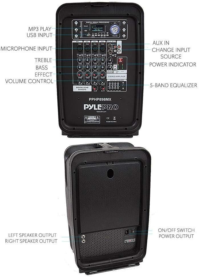 Pyle PPHP898MX 600 Watt 8-Channel Portable Bluetooth Wireless PA Speaker Amplifier Kit & Channel Microphone System-VHF Fixed Dual Frequency Wireless Set with 2 Handheld Dynamic Transmitter Mics