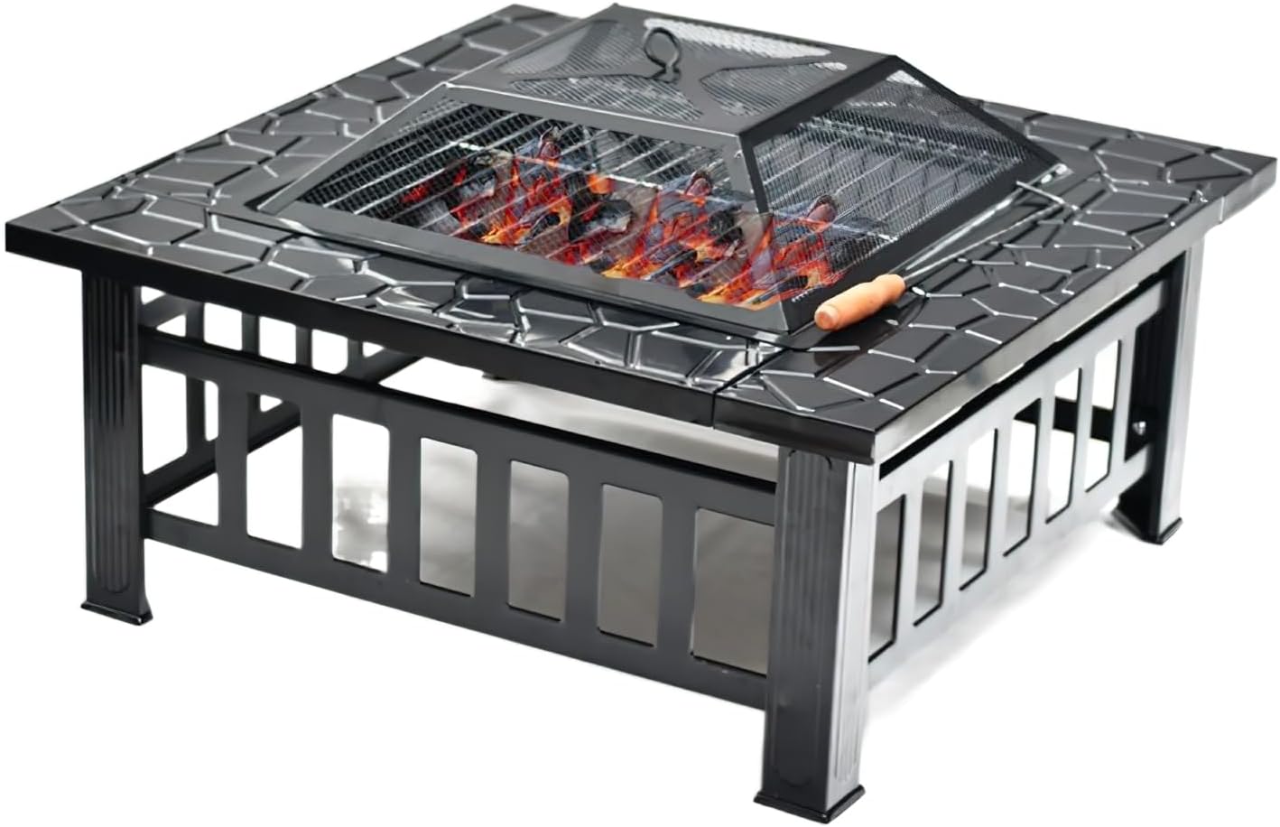 3-in-1 Outdoor Fire Pit with BBQ Grill and Ice Bucket, Square Metal Patio Heater with Decorative Base