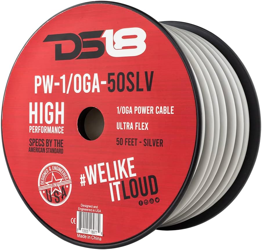 DS18 PW-1/0GA-50SLV 1/0-GA Ultra Flex CCA Ground Power Cable 50 Feet - Silver - Used for Wiring High Powered Car Amplifiers, Audio Home Speaker Stereo, RV Automotive, Welding Battery Cable