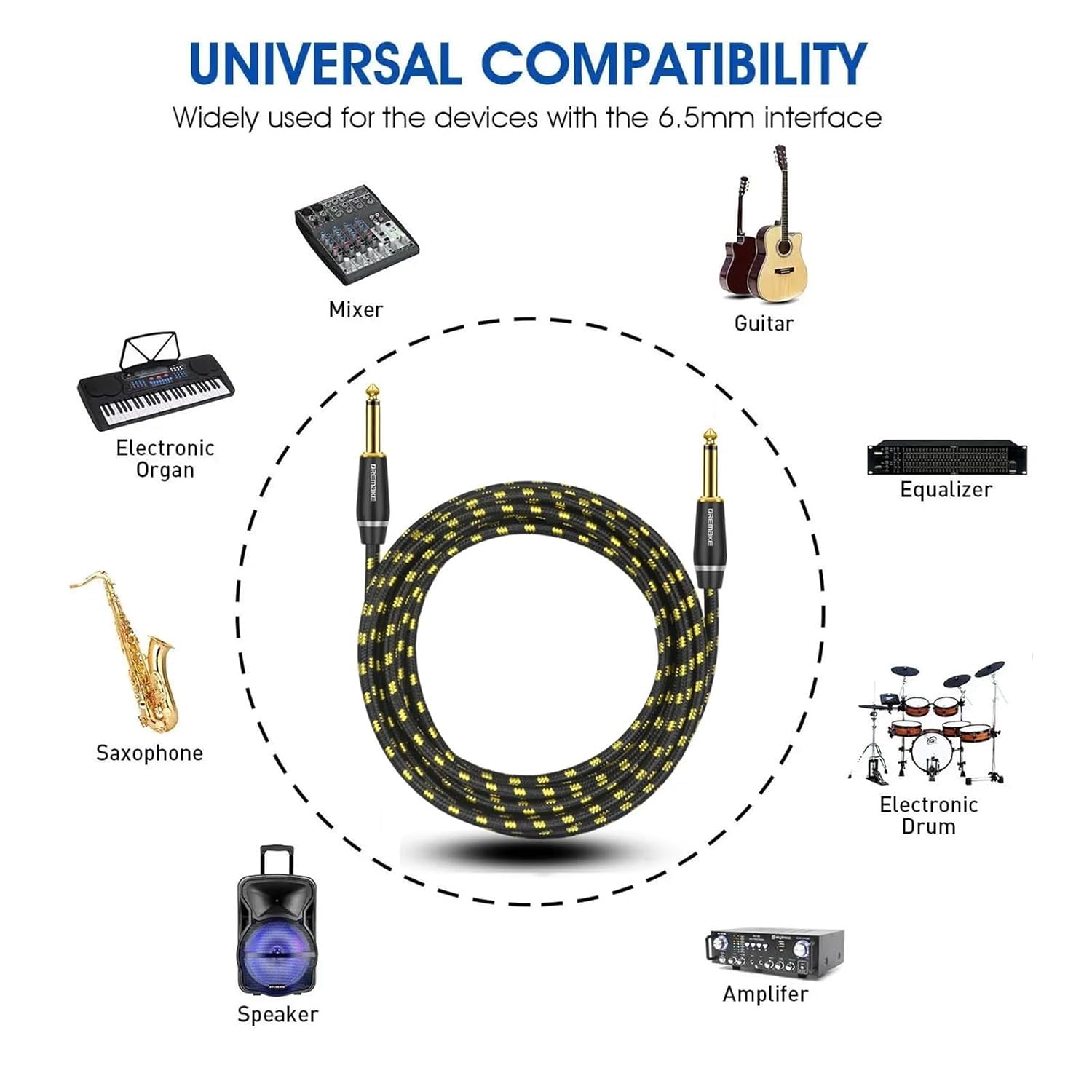 Guitar Cable 6.5mm Instrument Cable Amp Cord 1/4 Inch to 1/4 Inch Audio Cable for Bass Keyboard Mixer Amplifier Speaker and More(6.5mm-TS,1m)