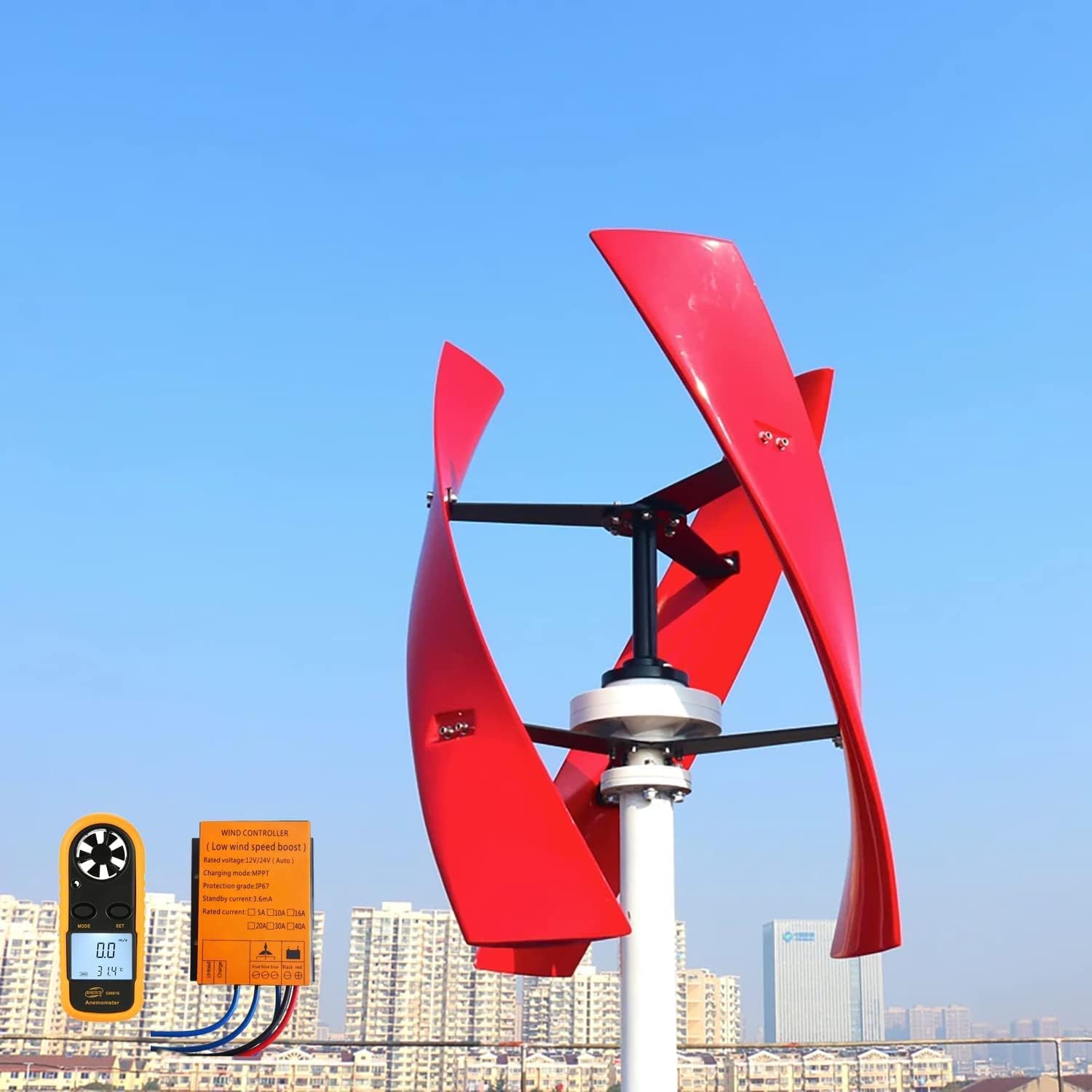 8000W Maglev Generator Wind Turbine Generator Red 3 Blades VAWT Vertical Axis Wind Turbine Kits for Off Grid Home Wind Power Hybrid System