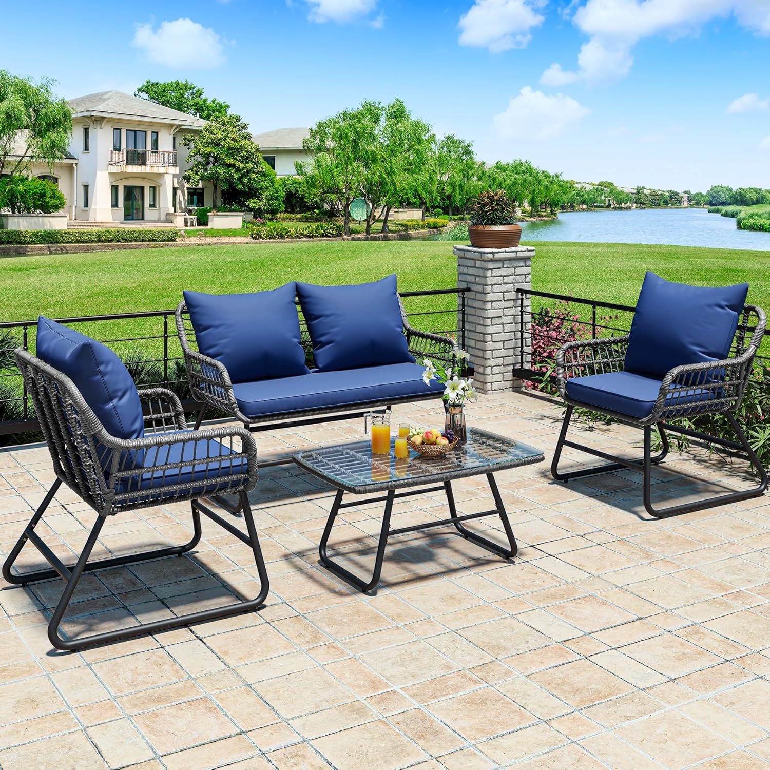 YITAHOME 4-Piece Patio Furniture Set, Wicker Outdoor Bistro Set, All Weather Rattan Patio Conversation Set with Soft Cushions and Glass Side Table for Backyard, Balcony, Deck - Navy Blue