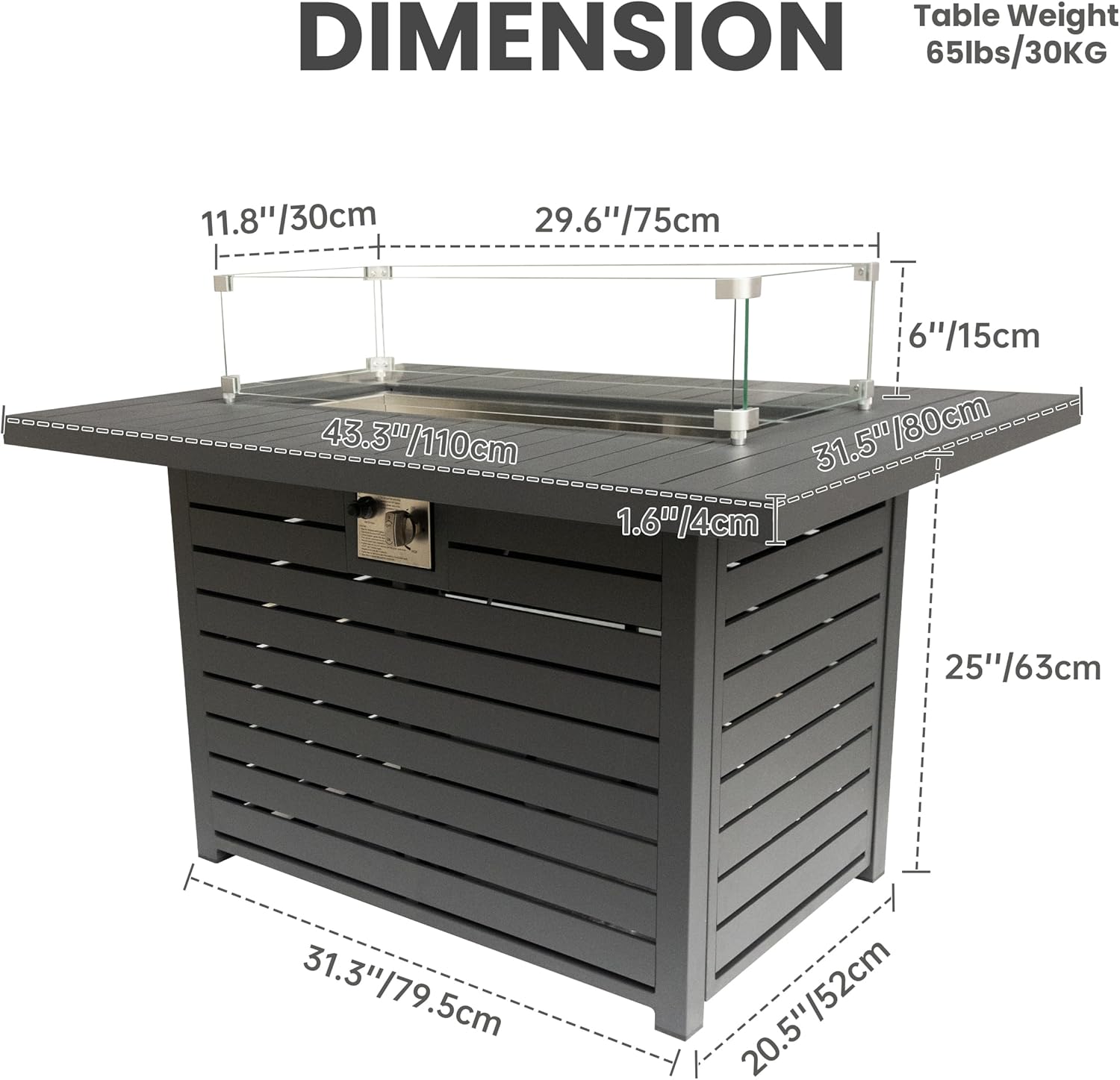 Rectangle Propane Fire Pit Table: 43'' Patio Gas Fire Table 50000 BTU - Rustproof Aluminum Tabletop Firepit Wind Guard Glass Beads - Outdoor Heating for Dining Party Garden Deck - Dark Gray