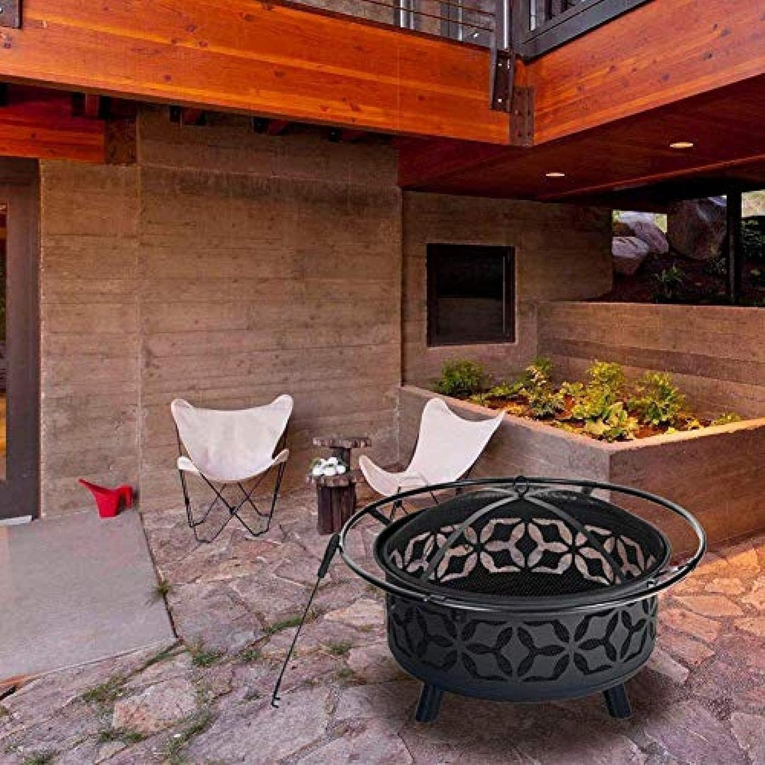 Fire Pit BBQ Grill Fire Bowl Steel Hearth with Cutouts for Patio Fireplace Sledgehammer Pattern and Screen Included Outdoor Pit Black