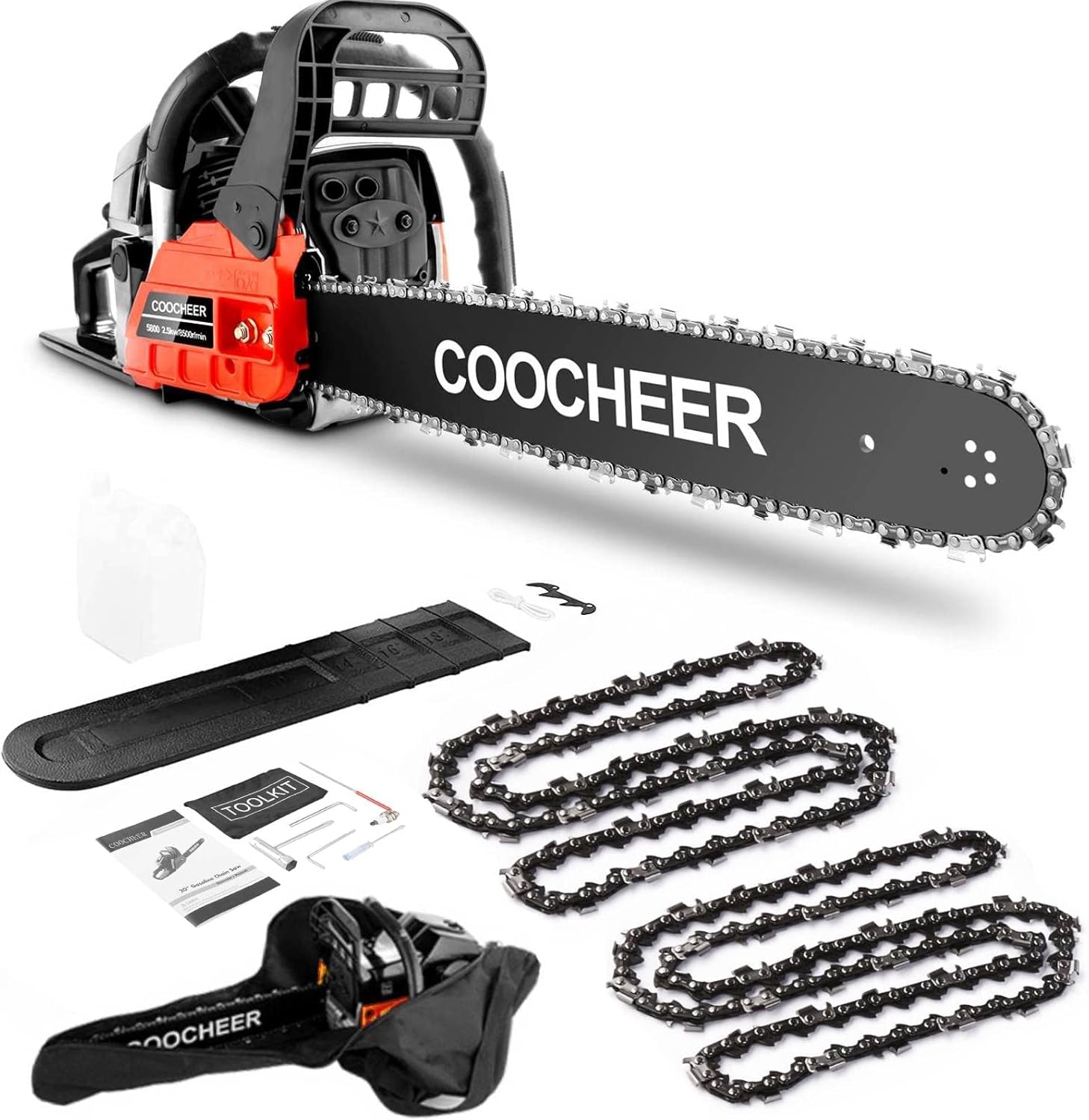 COOCHEER Gas Chainsaw 62CC, 20 Inch 2-Cycle Engine Portable Gas Power Chain Saw Woodcutting Saw with 2 Chain and Tool Kit, Chain Saw for Tree Stumps, Tree Felling