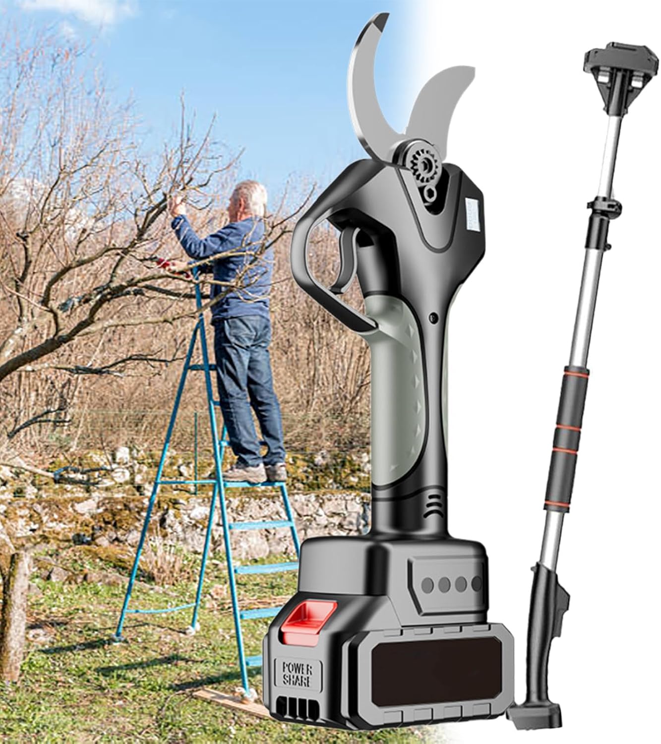 Heavy Duty Electric Pruning Shears, 3-Inch Cutting Diameter, Scalable 4.2-7.1ft Extension Rod, Includes 2 Batteries & Charger, Perfect for Gardening & Landscaping