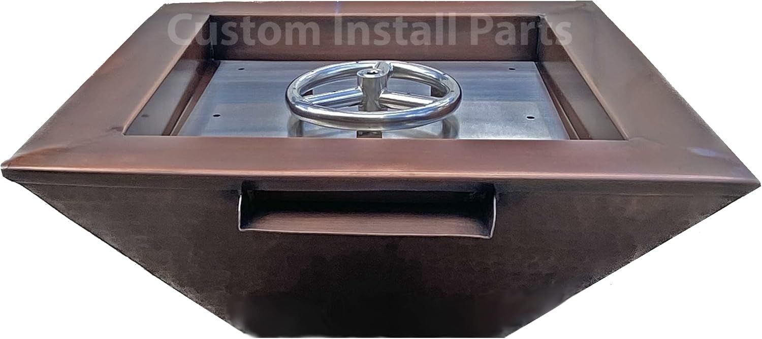 18 Inch Square Hammered Copper Metal Outdoor Propane or Natural Gas Fire Pit with Waterfall Fountain Water Feature